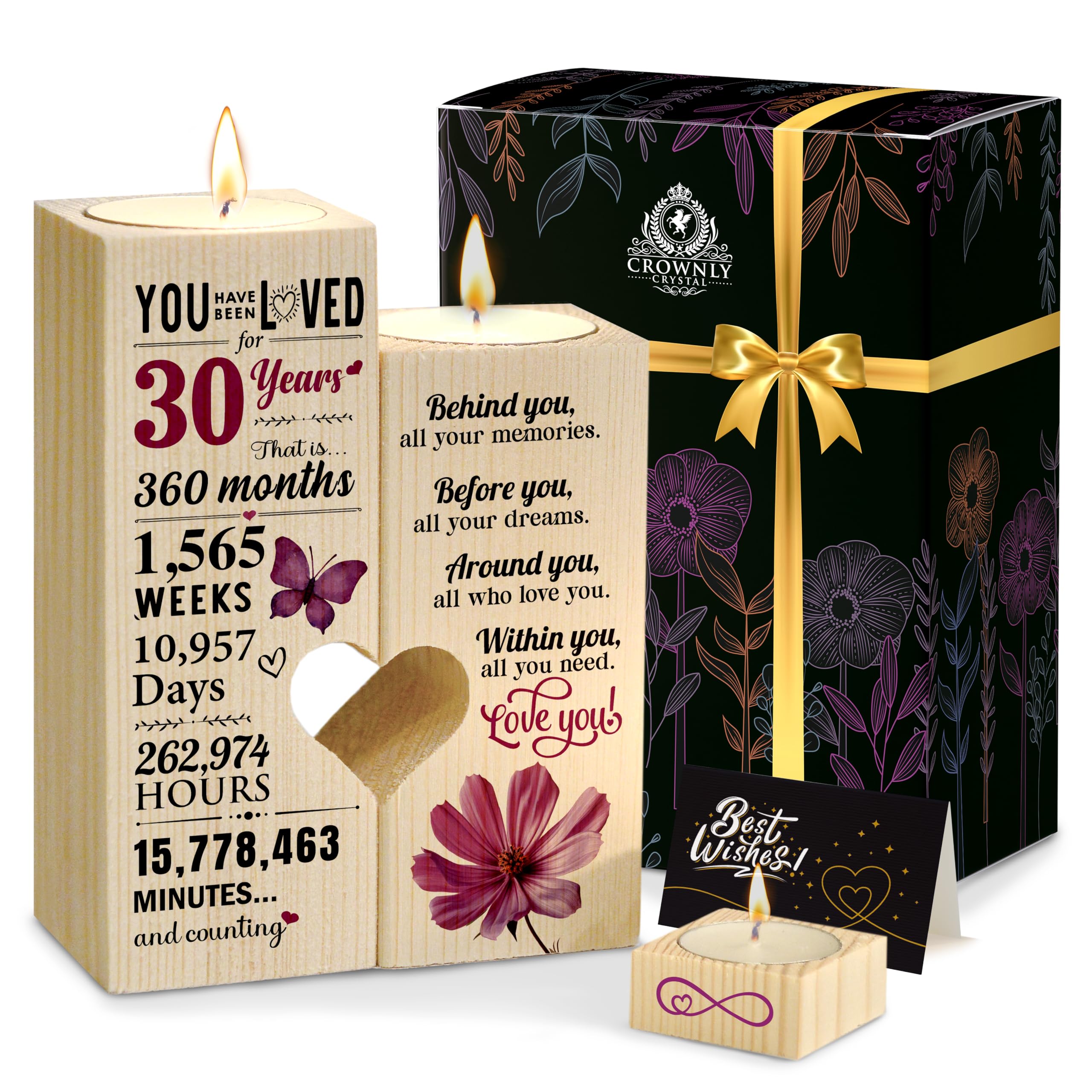 Crownly Crystal 30Th Crownly Crystal® Birthday Heart-Shaped Wooden Candle Holder Personalised Gift For Her