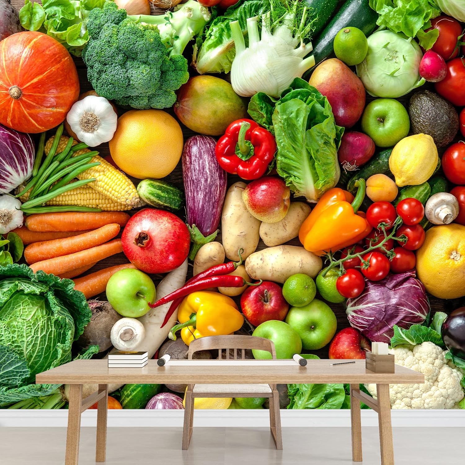 wall26 - Assortment of Fresh Fruits and Vegetables - Removable Wall Mural | Self-Adhesive Large Wallpaper - 66x96 inches