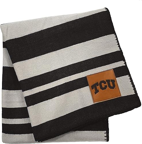 Pegasus Sports NCAA Acrylic Stripe Blanket with Faux Leather Logo Patch- TCU Hor