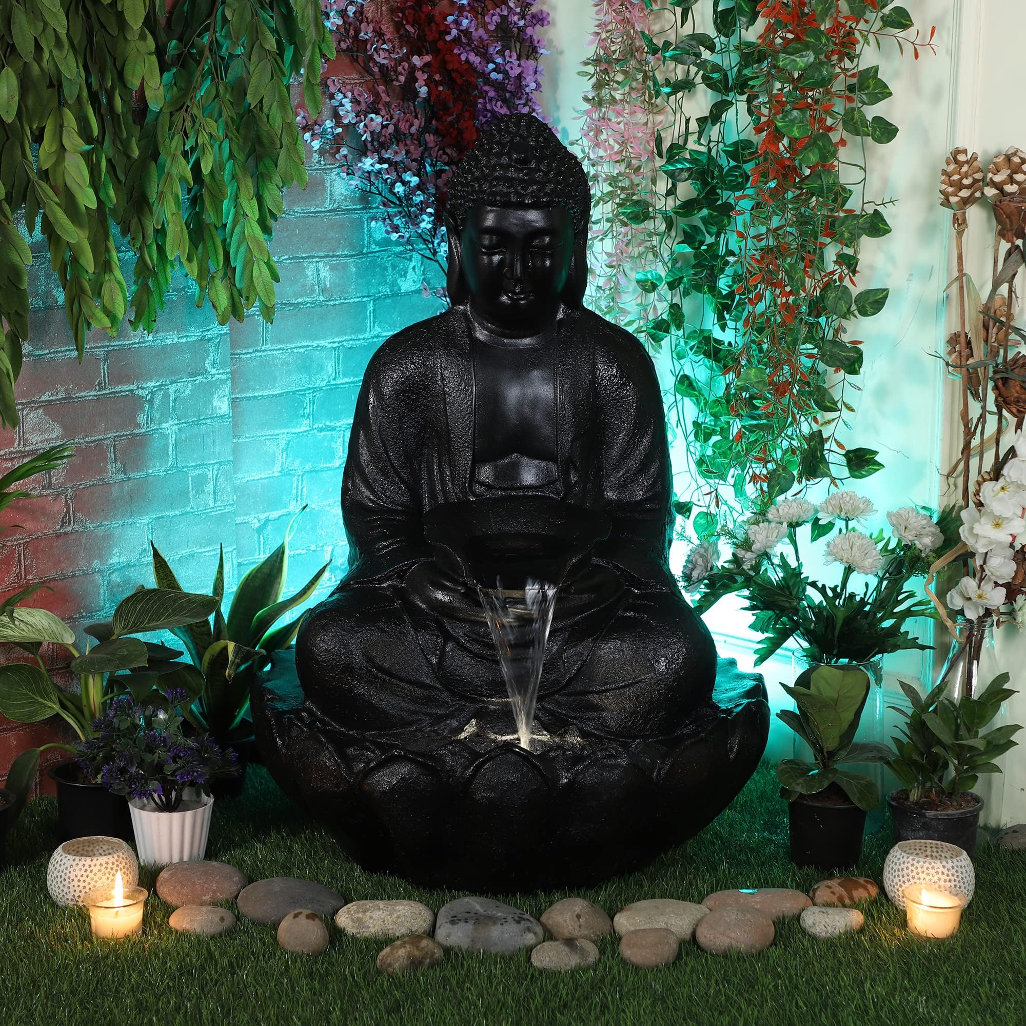 Buddha Resin Water Fountain Large for Home, Office & Garden Decor, Grey Color (Black)