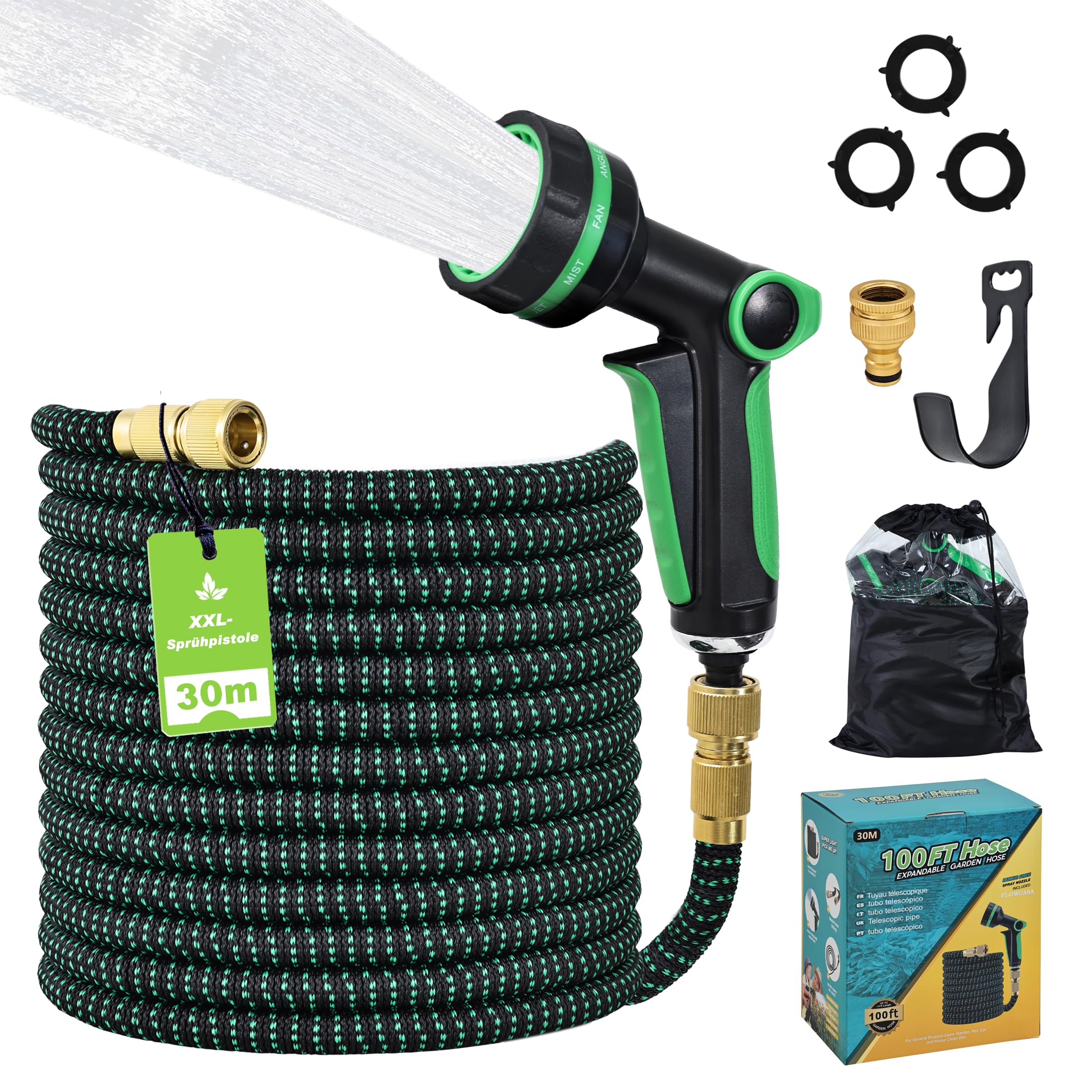 Expandable Garden Hose 30M/100FT, Flexible Water Hose Pipe Auto Retractable, XXL Spray Gun 24cm, 10-Function Spray Nozzle, 1/2 & 3/4 Inch Metal Connectors, Gift Box, for Garden Car
