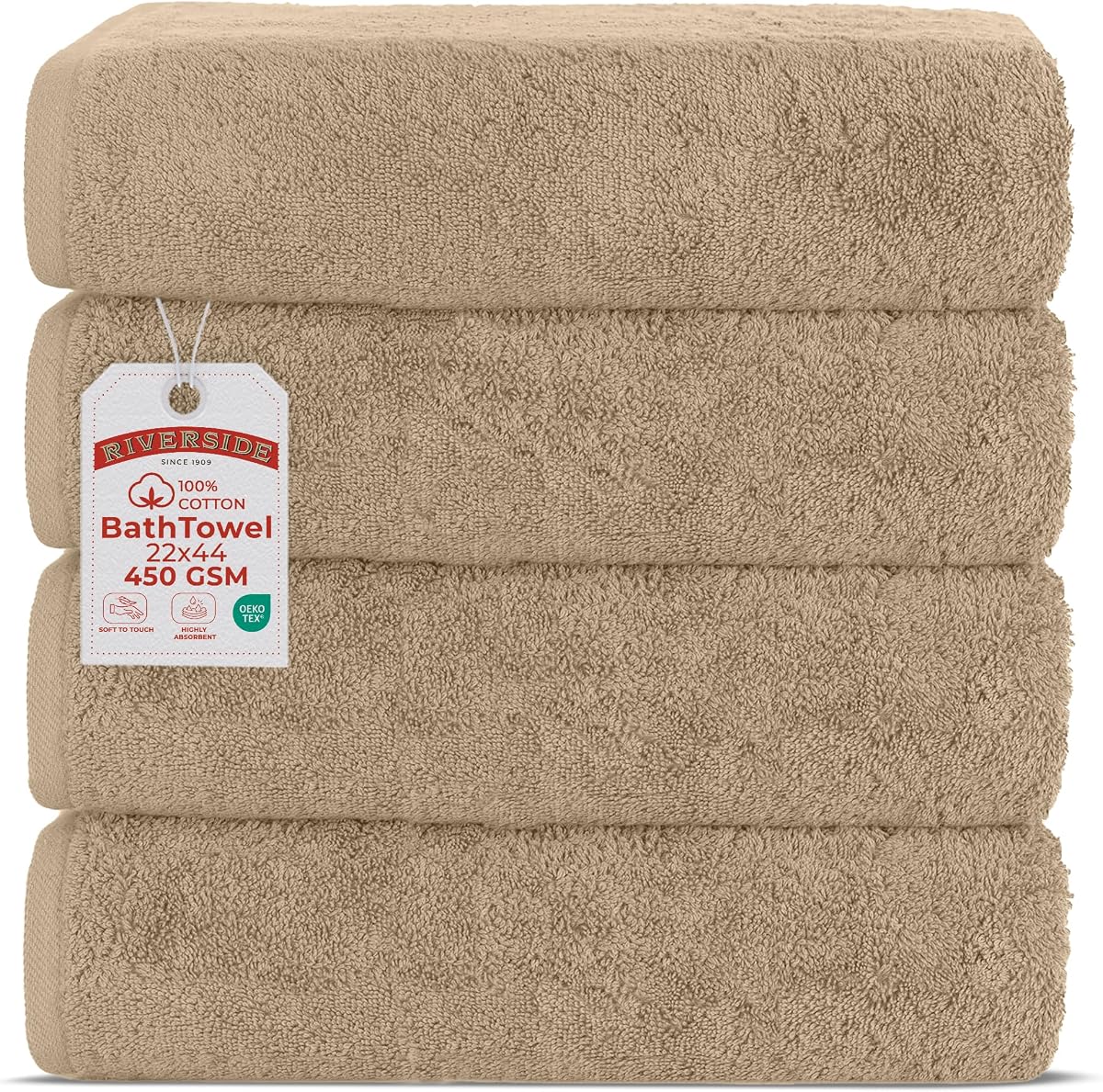 RIVERSIDE Juego de 4 toallas de baño 100% algodón hilado en anillo, 22 x 44, toallas suaves, de secado rápido y altamente absorbentes para ducha y baño, toallas de algodón ligeras de 450 g/m² para spa, gimnasio, hotel (bronceado)