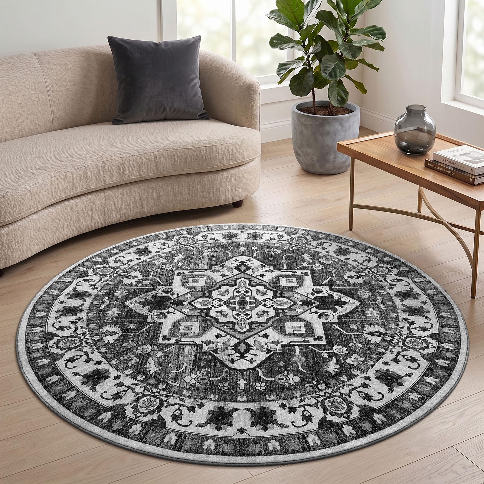 Homaxy Vintage Rugs Living Room Washable Anti Slip Small Rug Low Pile Boho Lounge Carpet for Bedroom, Nursery, Kitchen - 120 cm Round, Accent Dark Grey