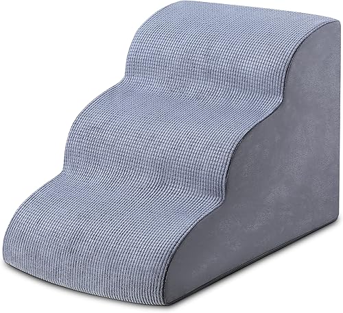 Dog Stairs for Small Dogs 15.7" H, 3-Step Pet Stairs with High-Density Foam, Curved Ramp Design for Puppies, Medium Pets and Older Cats, Dog Steps for Bed, Couch or Sofa, 15.7 × 22.4 × 15.7 Inch, Gray(Grey (Linen Side),15.7x22.4x15.7 in,3)