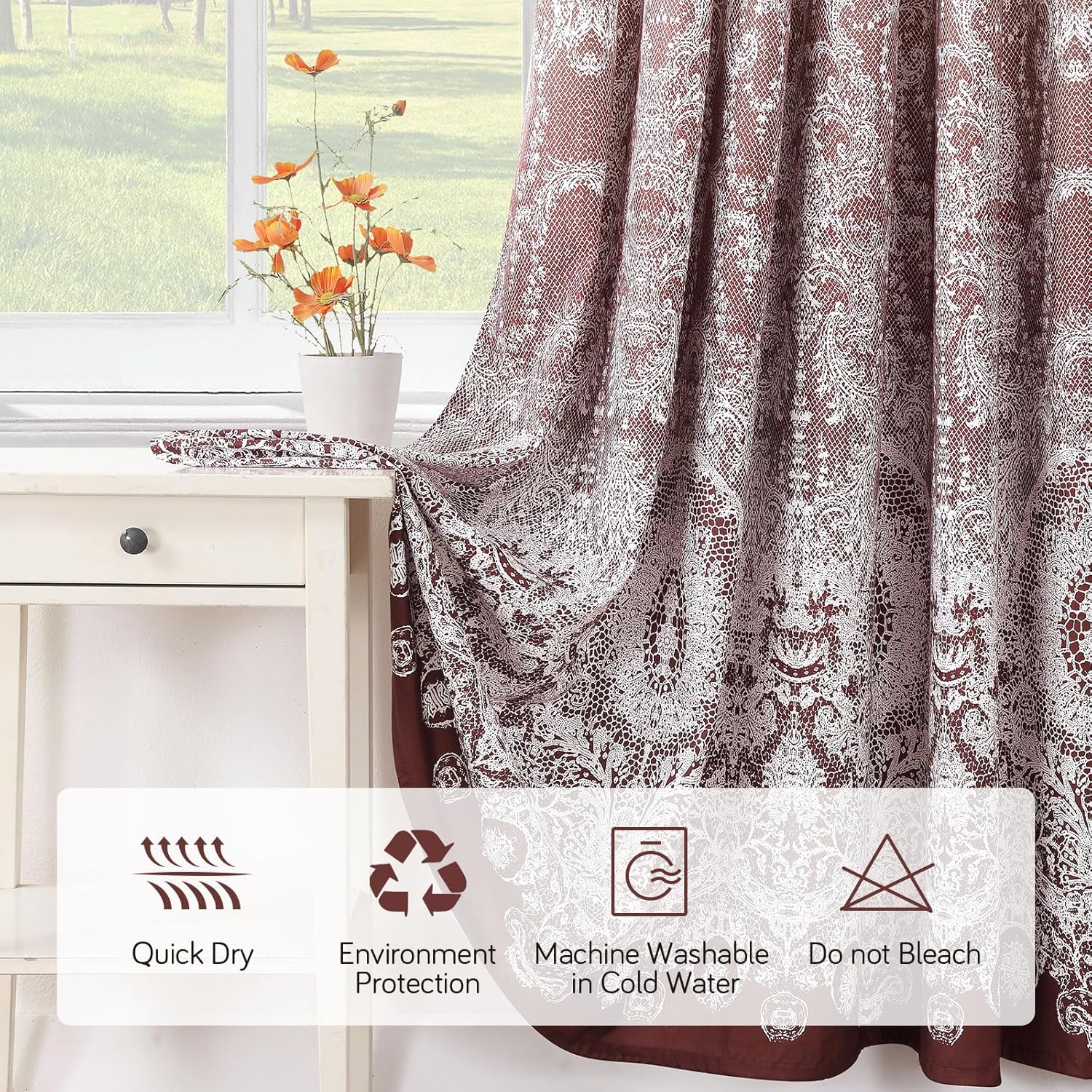 Brown Ombre Shower Curtain,Brown to White Gradient Lace Printed Fabric Curtains for Bathroom,72" W x 72" H