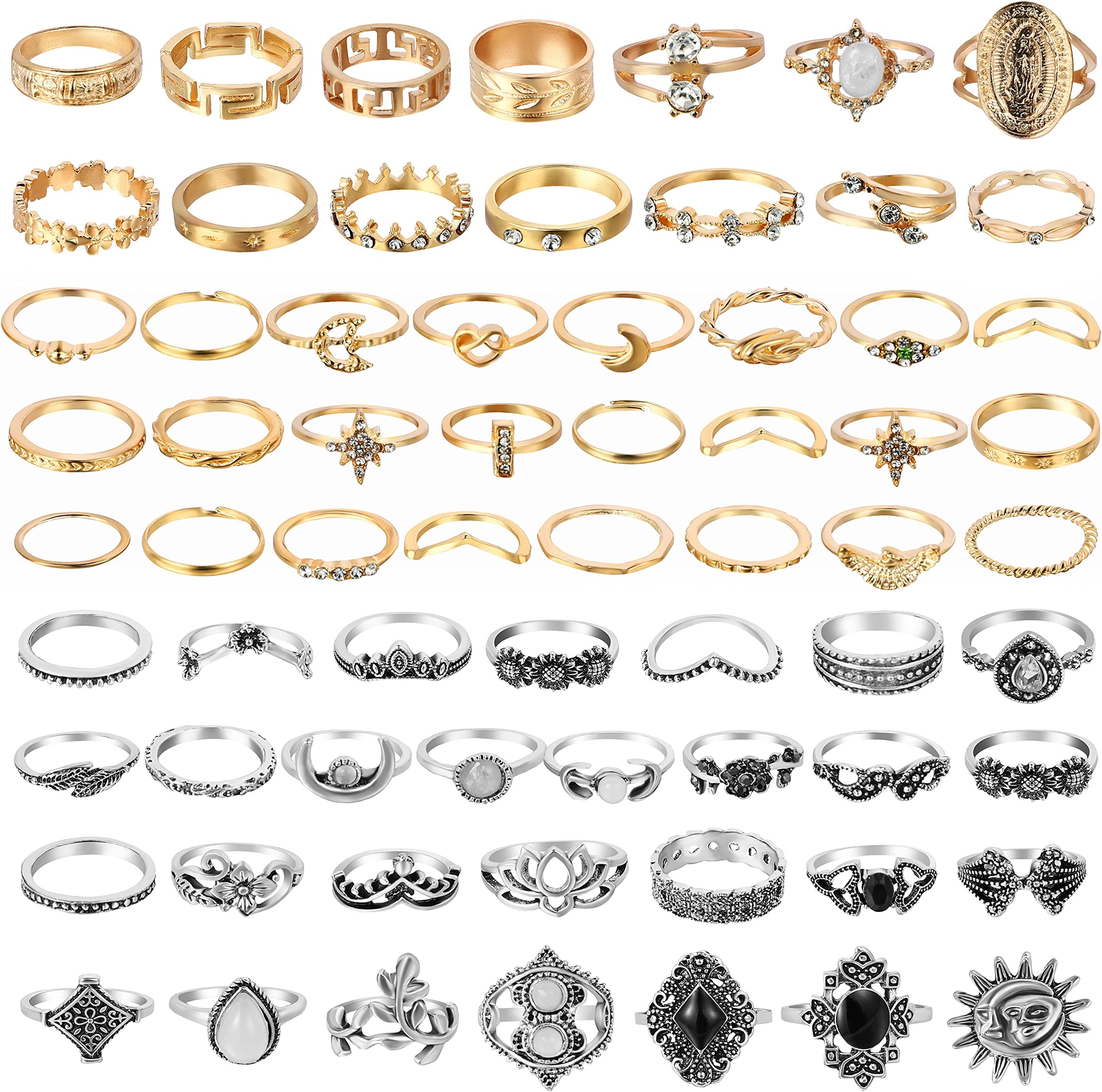 67Pcs Vintage Knuckle Rings Set Stackable Finger Midi Rings for Women Bohemian Hollow Carved Flowers Gold & Silver Crystal Joint Circlet with Storage Bag