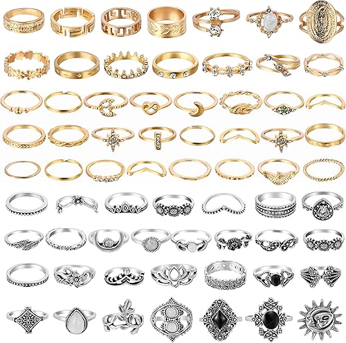 PANTIDE Juego de 67 anillos vintage para nudillos apilables anillos midi para mujer flores talladas anillos dorados y plateados anillos de junta de