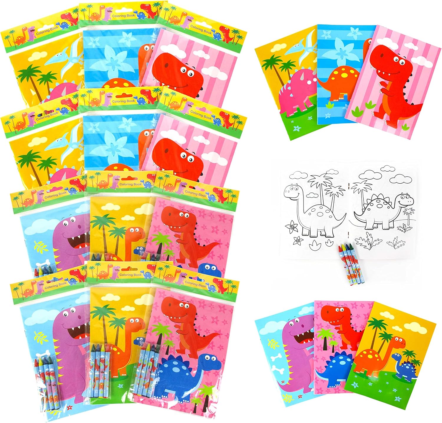 Tiny Mills Dinosaurs Coloring Book for Kids Party Favor Set with 12 Coloring Books and 48 Crayons Dinosaurs Jurassic Birthday Party Supplies Bag Fillers