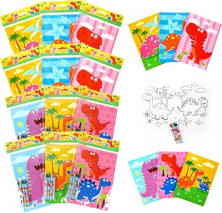Tiny Mills Dinosaurs Coloring Book for Kids Party Favor Set with 12 Coloring Books and 48 Crayons Dinosaurs Jurassic Birthday Party Supplies Bag Fillers