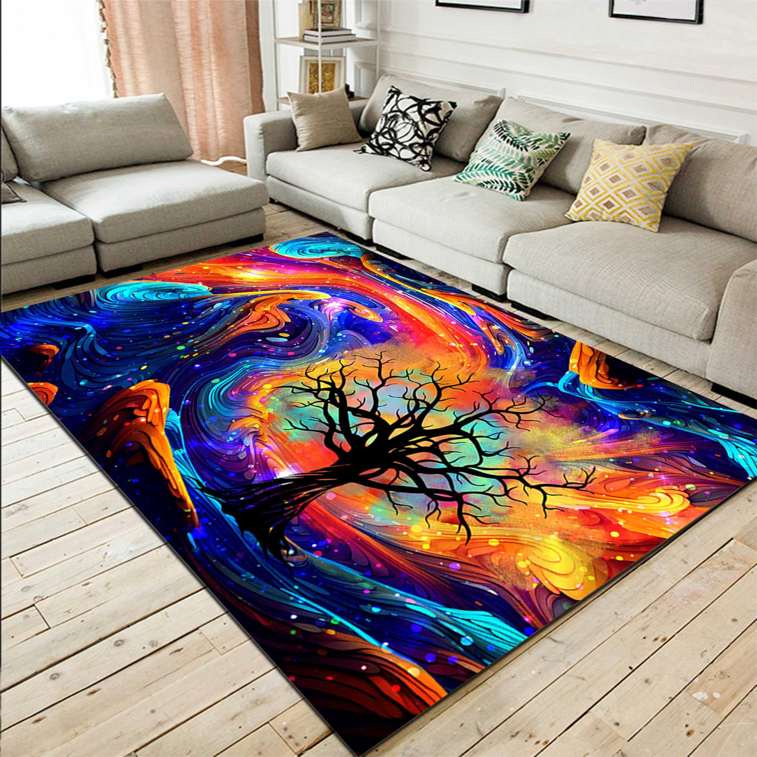UNREASTO Starry Sky Area Rug 4x5ft Bohemian Colorful Abstract Trees Printing Living Room Rugs Luxurious Chic Soft Non-Slip Large Area Rug for Kid Men