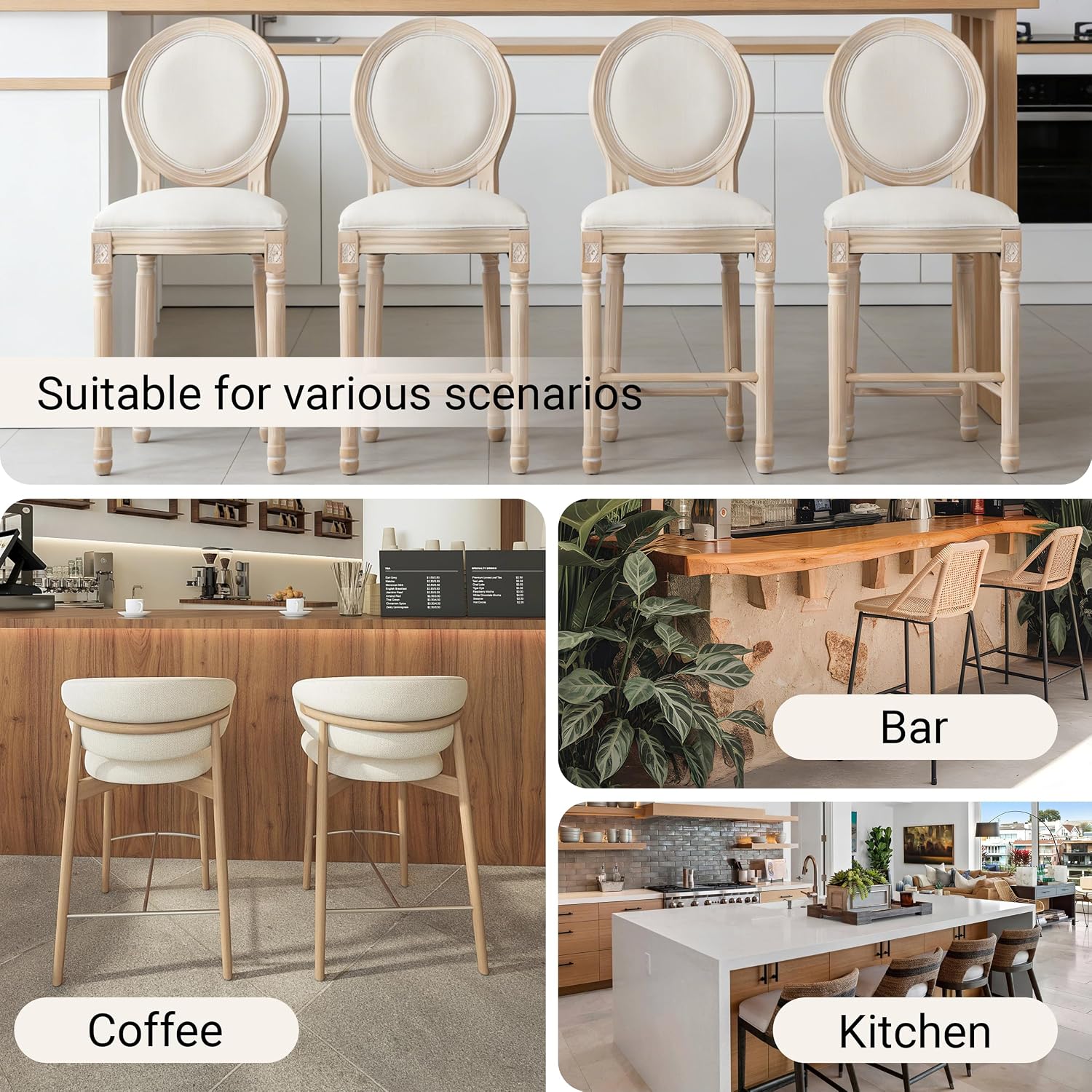 French Country Barstool Set of 4, Linen Farmhouse Counter Height Chair with Round Back and Solid Wood Legs, Oval Chairs for Bar, Kitchen, Restaurant