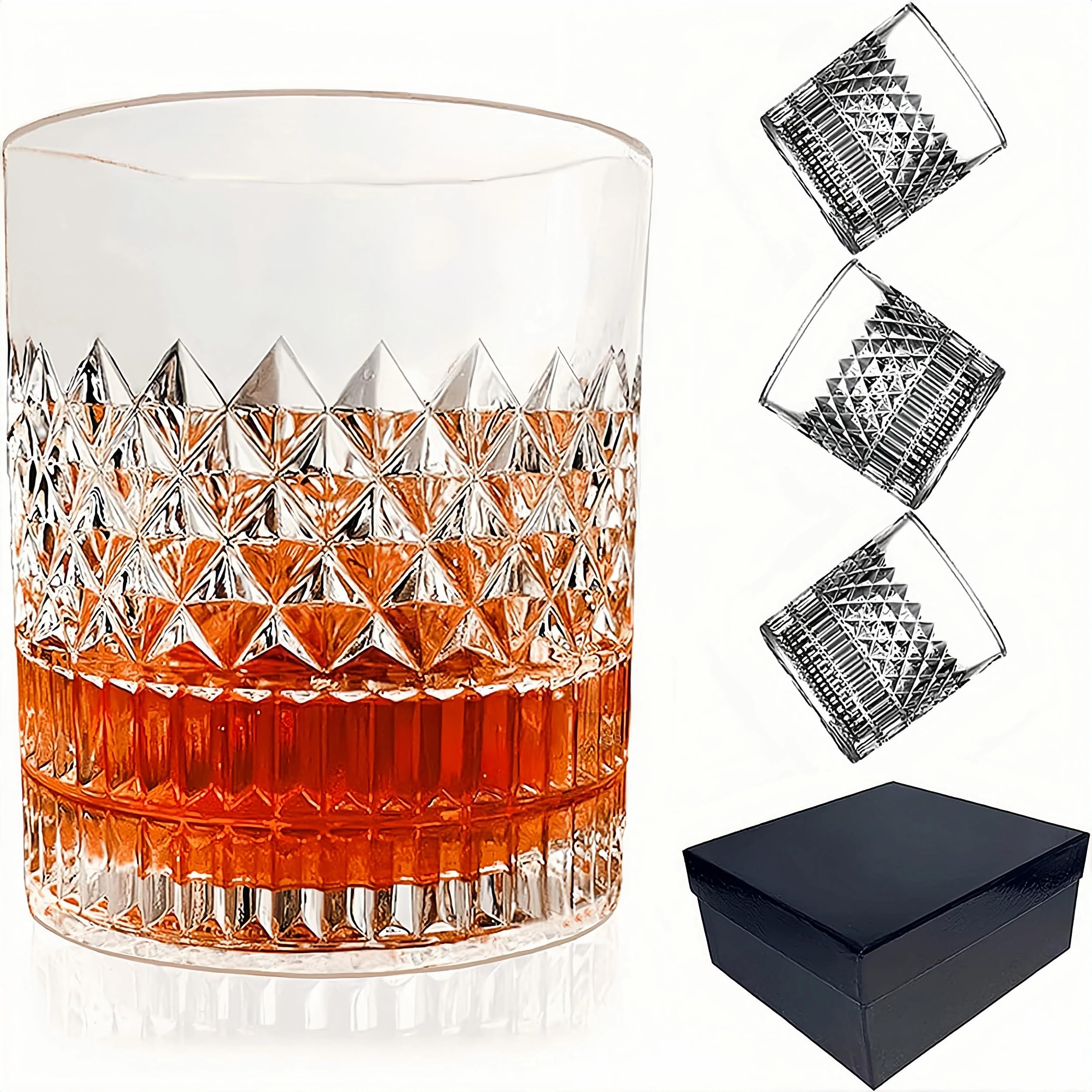 Jaffiust 4 Pcs Whiskey Glasses, 335ml Premium Gift Box for Men, Rock Tumblers for Bourbon, Scotch, Cognac, Brandy, Rum, Liquor, Cocktails - Old Fashioned Clear Glassware