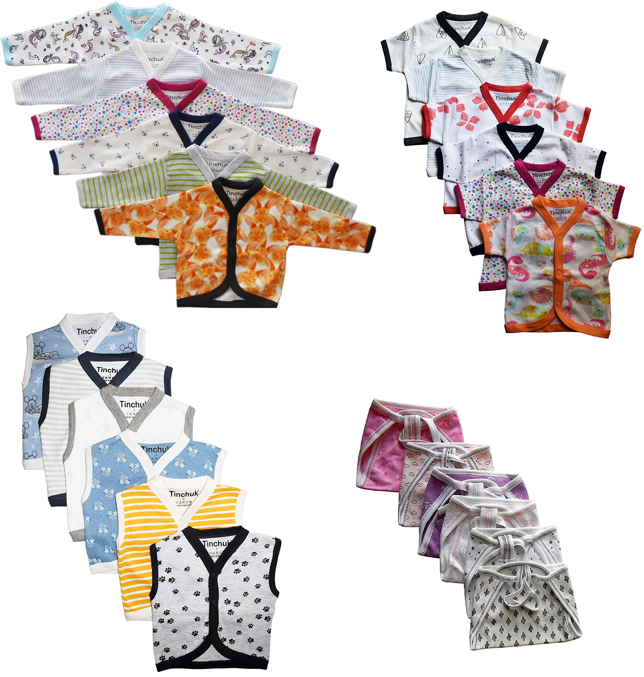 Tinchuk New Born Baby Cotton Front Open Full Sleeves-Half Sleeves-Sleeveless- vest- Tshirt Jhabla -Perfect For Your Baby - Cutely Printed Set and Cotton Double Layer nappy 6 Piece(24 Piece Combo) (0-3 months) 1