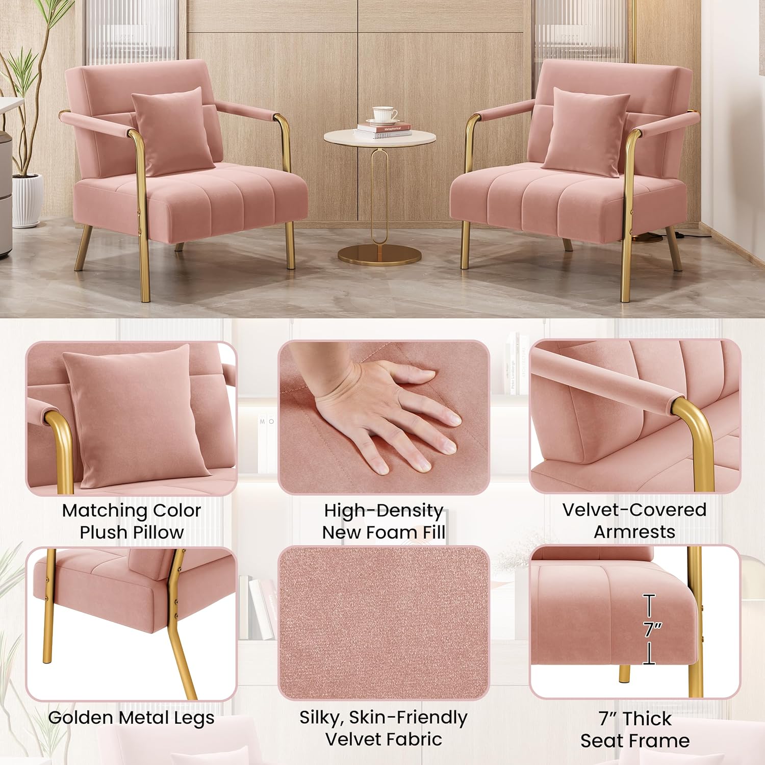 Yaheetech 30" W Accent Chair Velvet Oversized Armchair Living Room Chair with Golden Frame & Cozy Pillow for Living Room, Bedroom, Office Pink