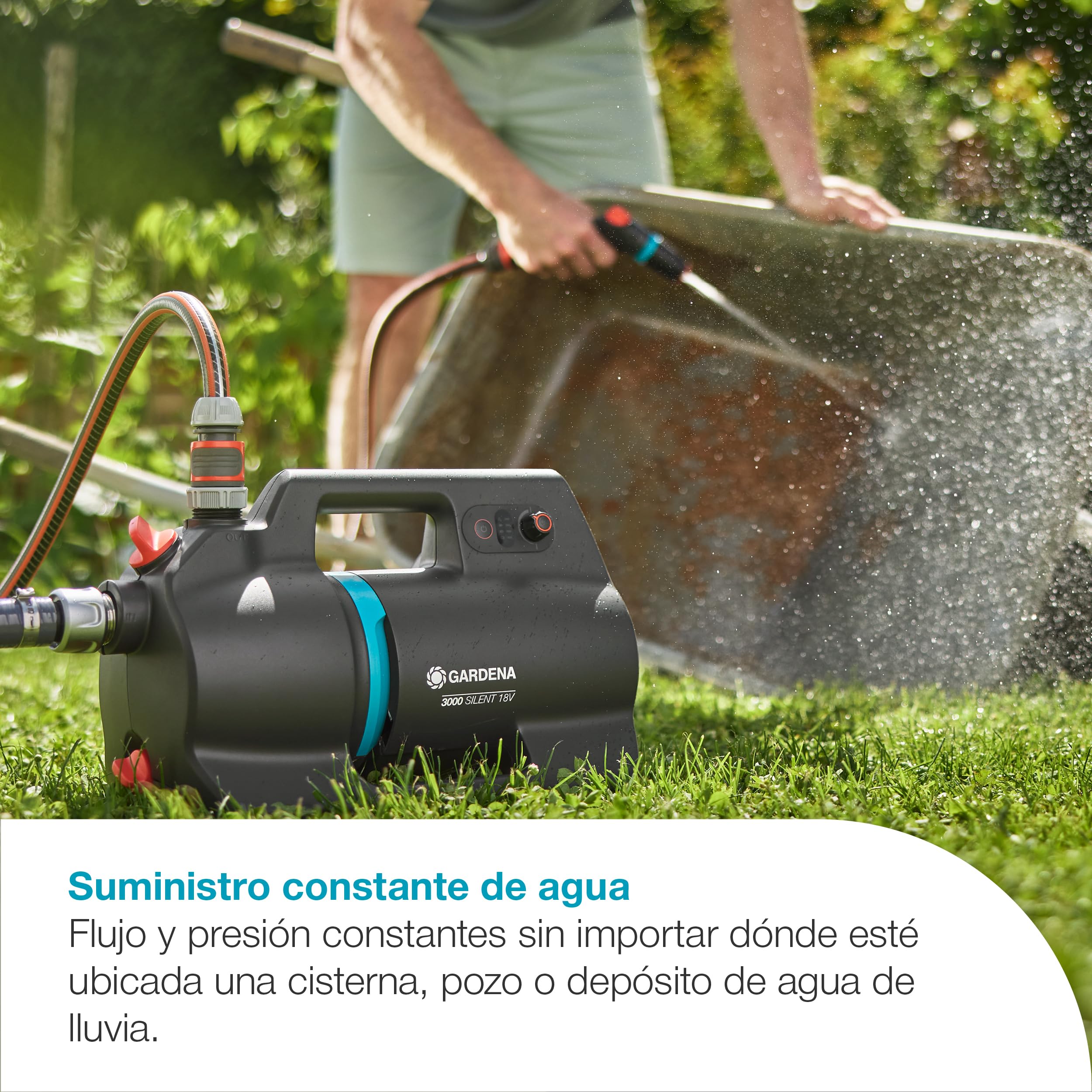 Gardena Bomba de jardín con batería 3000 Silent 18V P4A Set listo para usar: Potente, Operación silenciosa, Cuerpo protegido contra lluvia y UV, Protección contra el funcionamiento en seco (14610-20)