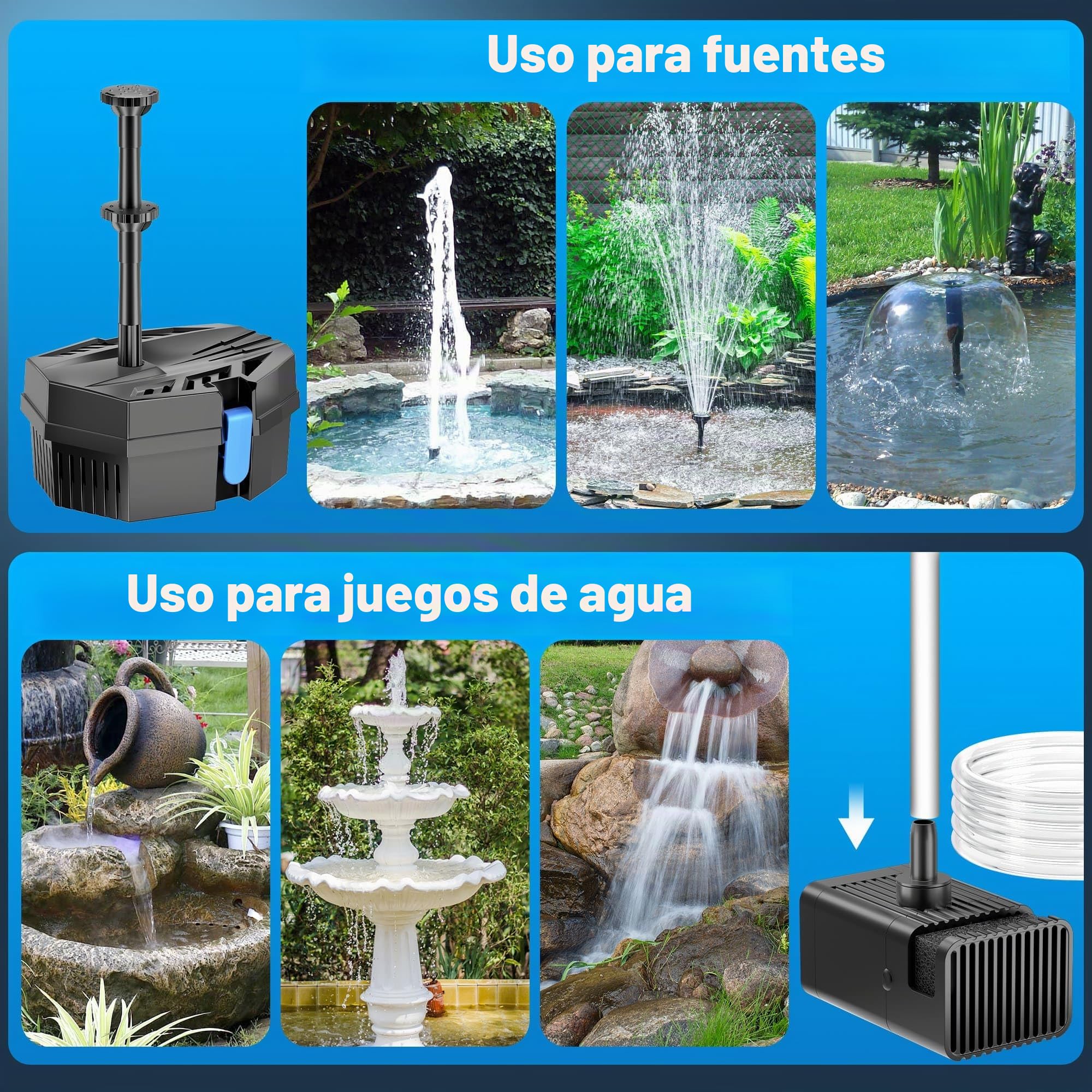 Biling Filtro solar para estanque de 8 W con batería, bomba solar 405 l/h, manguera y 10 boquillas, DIY estanques de jardín, fuente de agua solar, fuente solar para estanques koi, baño de pájaros