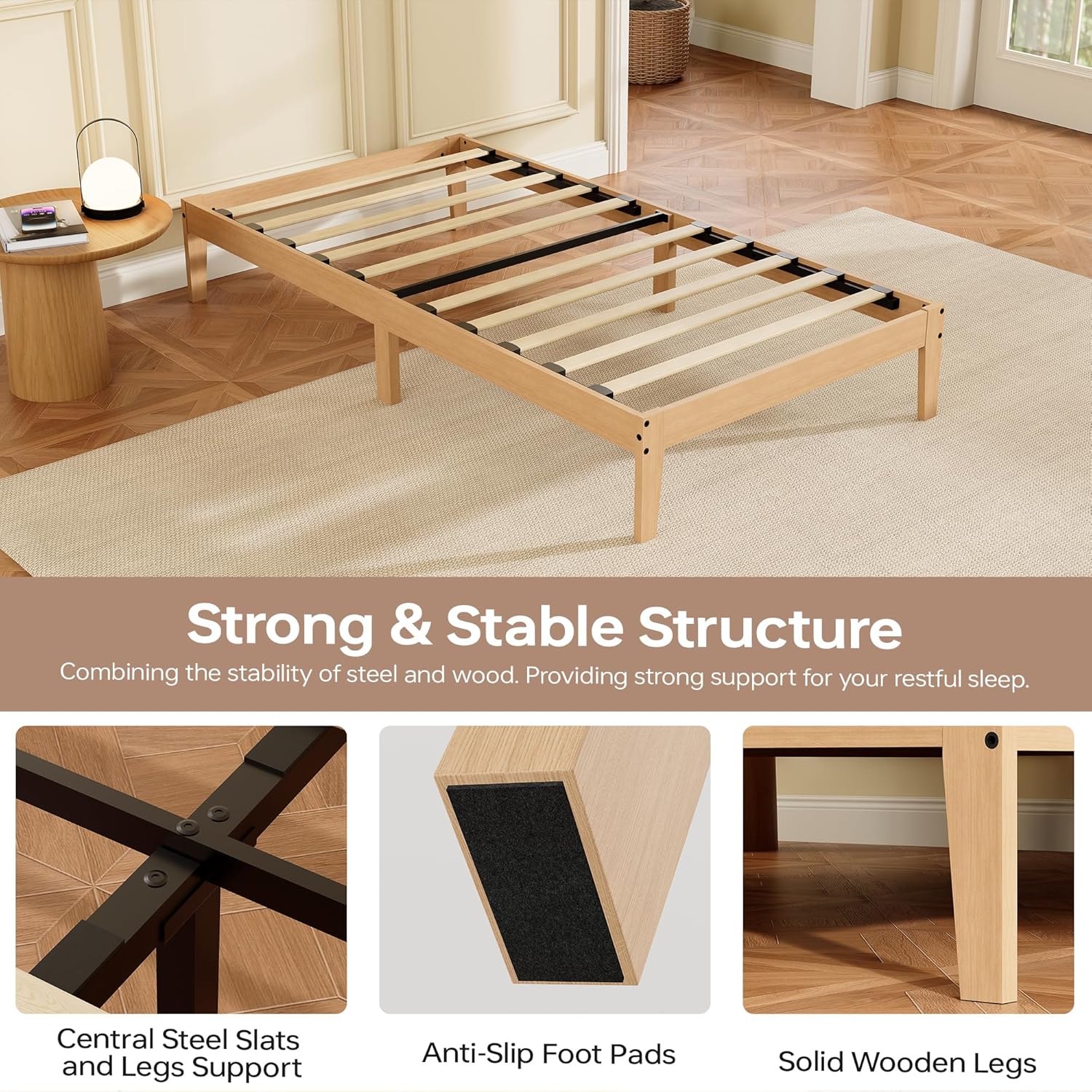 Tyndall Twin XL Bed Frame, 12 Inch Solid Wood Platform Bed with Wooden Slats, Natural Finish Wood Bed Frame with Underbed Space for Storage, Easy Assembly, No Box Spring Needed