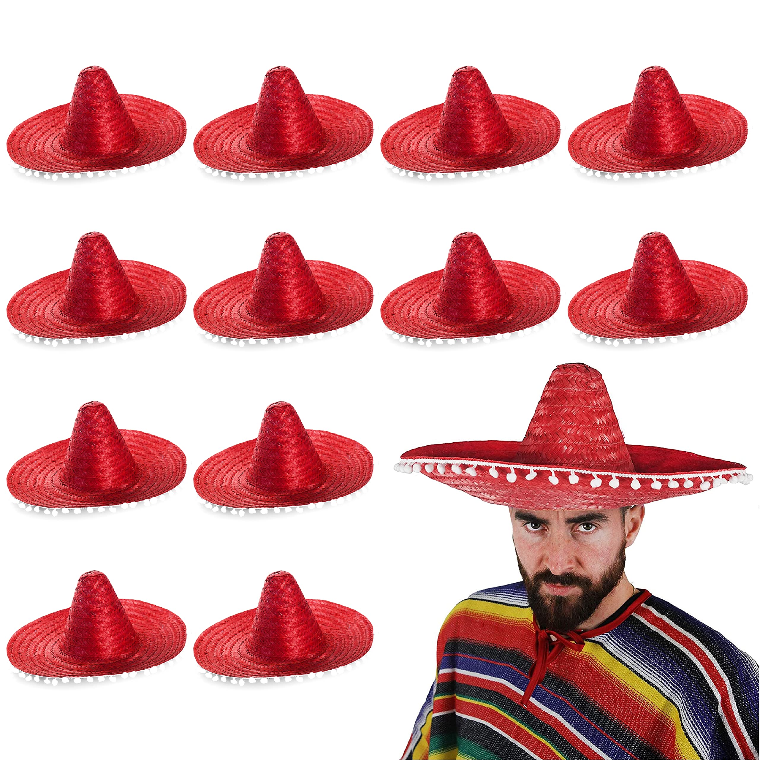 SOMBREROS MEXICANOS EN ROJO CON BOMBROS BLANCOS PÓM PERFECTOS PARA CUALQUIER FIESTA DE FANTA SOMBRERO DE MÉXICO PARA HOMBRERO Y MUJER - 12X SOMBRERO