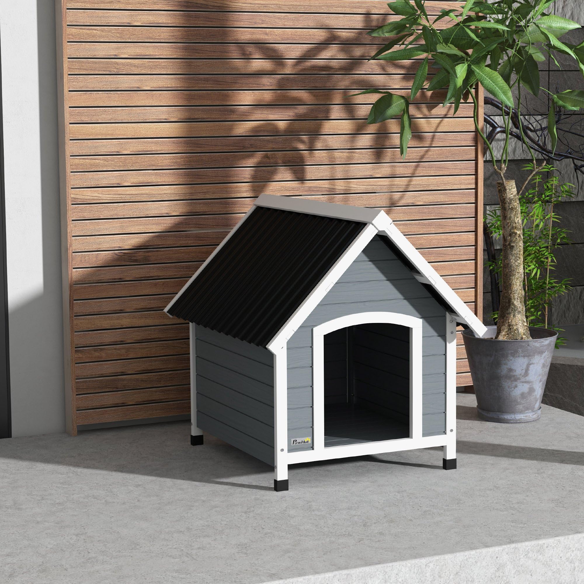 PawHut - Casero de Perro Exterior de Madera, con Suelo extraíble, Patas de plástico Ajustables en Altura, para Perros de tamaño Mediano, 75 x 88 x 82 cm, Color Gris