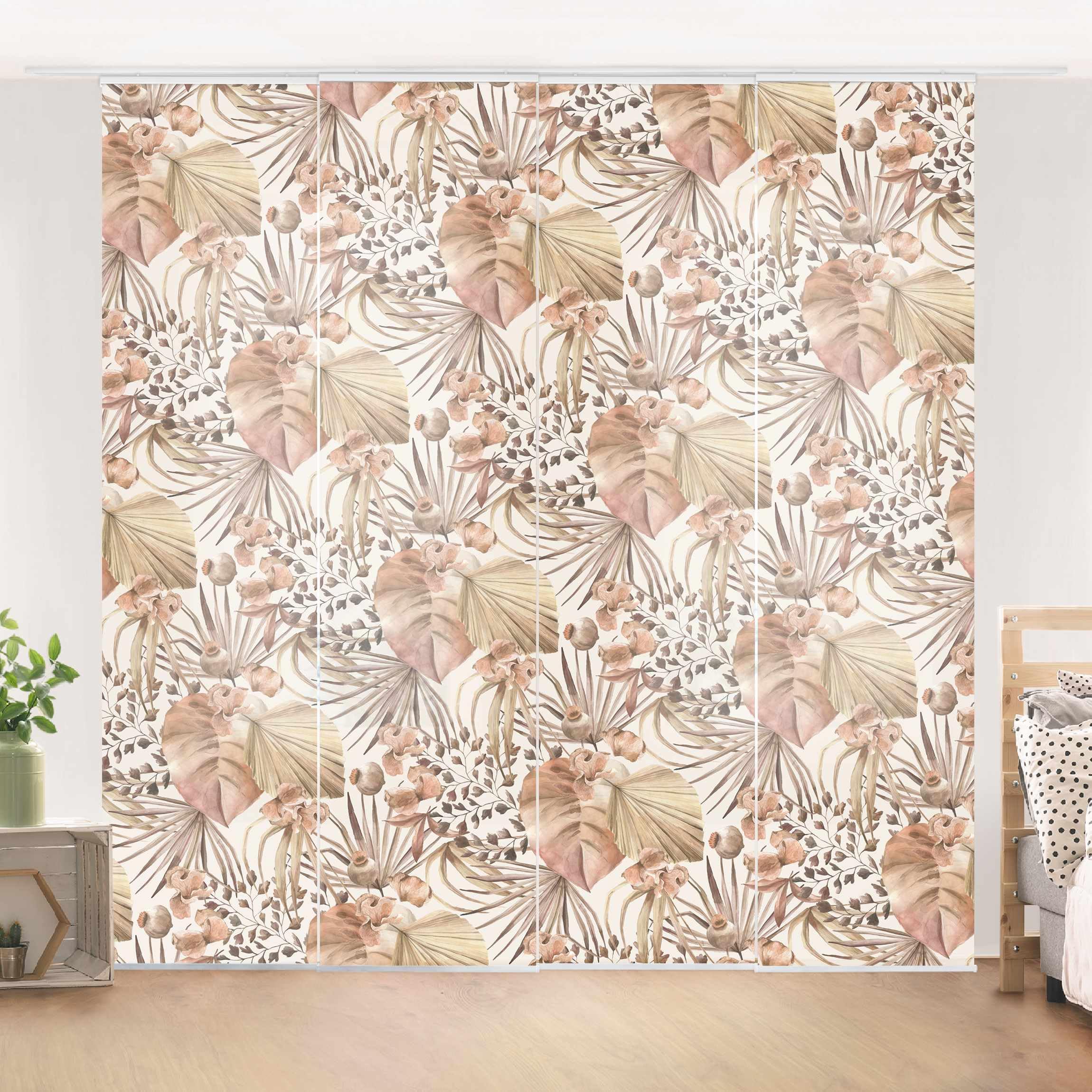 Schiebegardine halbtransparent 60er Paneel Klett Muster Textil lichtdurchlässig - Pflanzen Aquarell Flächenvorhang braun Wohnzimmer Schlafzimmer 2263 (240x250 cm - 4er Set)