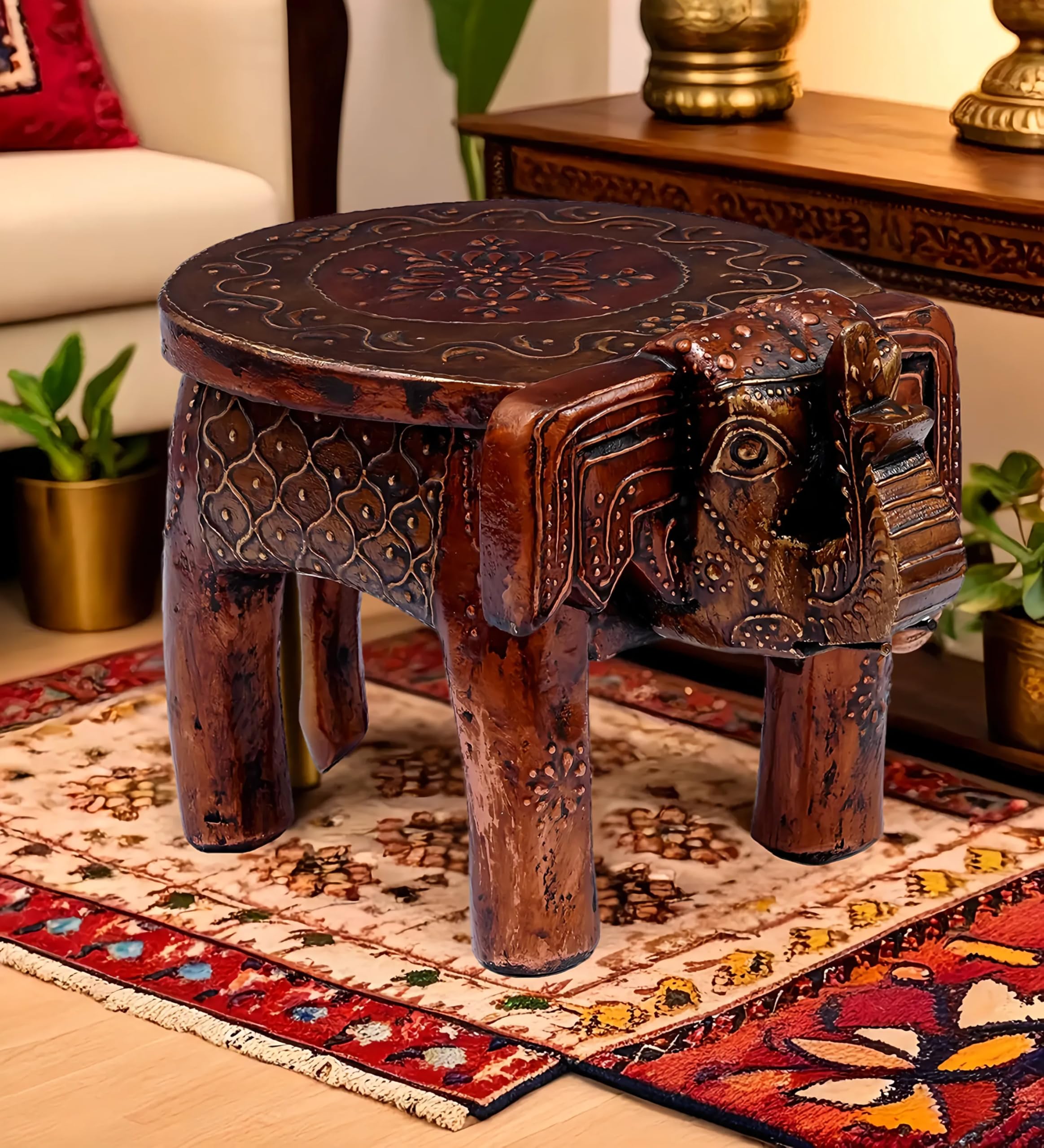 Handpainted Wooden Elephant Stool - Copper Finish -1 Handpainted Wooden Elephant Stool - Copper Finish -1