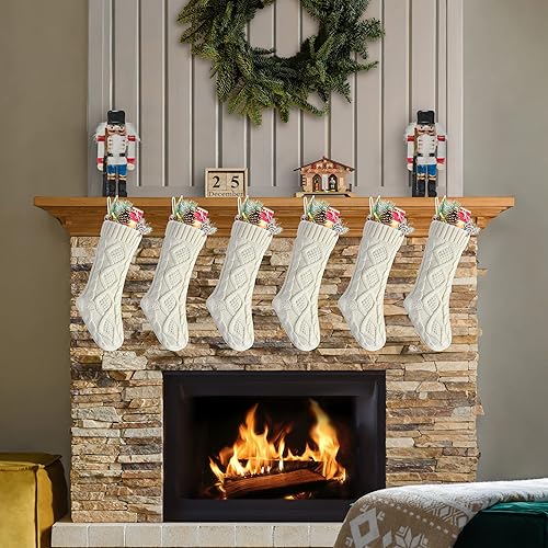 Miniatura 3 de Medias de Navidad a granel de 20 pulgadas, medias de Navidad de punto marfil para decoración familiar de Navidad, paquete de 6