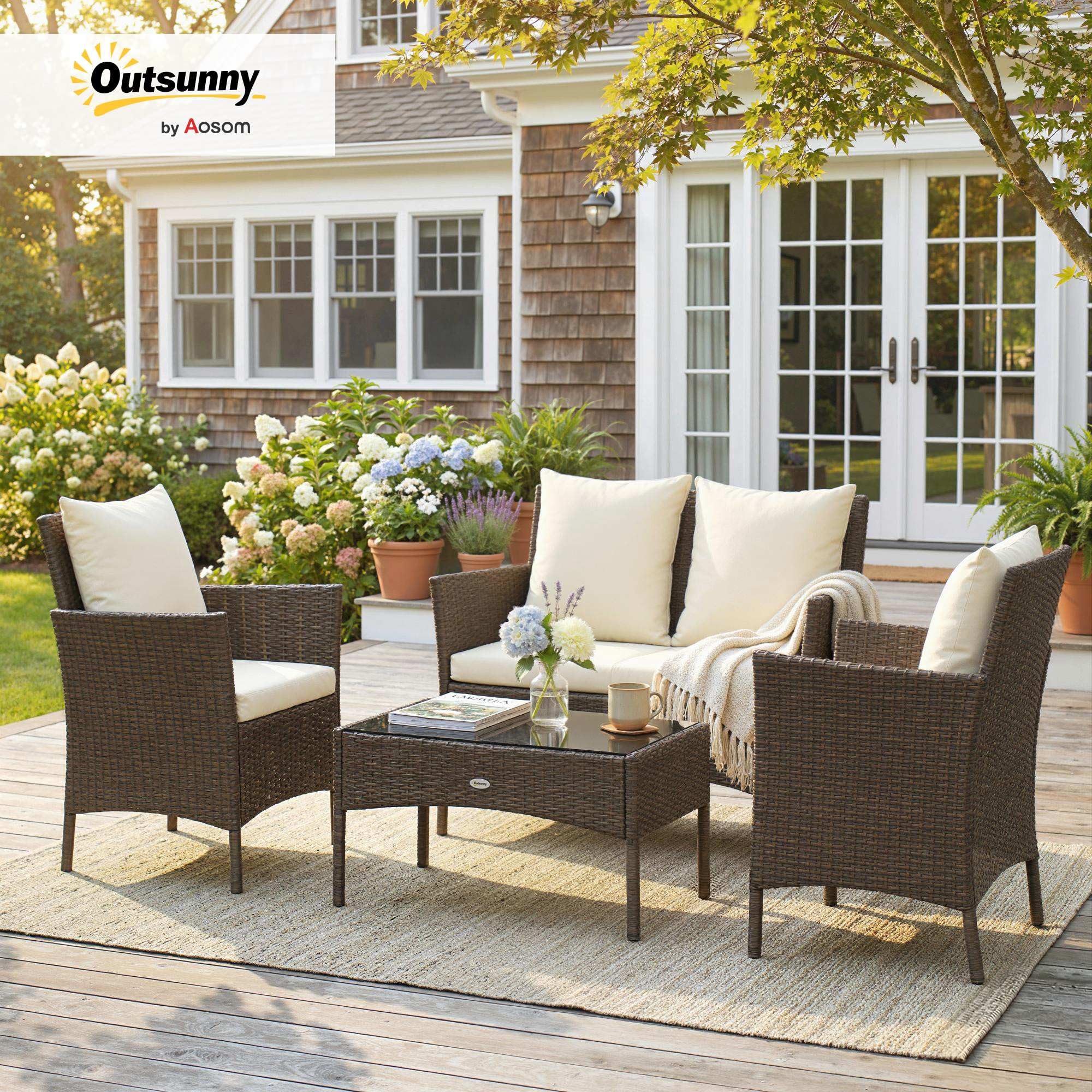 Outsunny Conjunto de Jardín Exterior de Ratán Conjunto de Terraza Marrón | Cojines Lavables, Muebles Jardín Exterior, 4 Piezas, Sofá de 2 Plazas, 2 Sillas, Mesa de Centro de Vidrio Templado