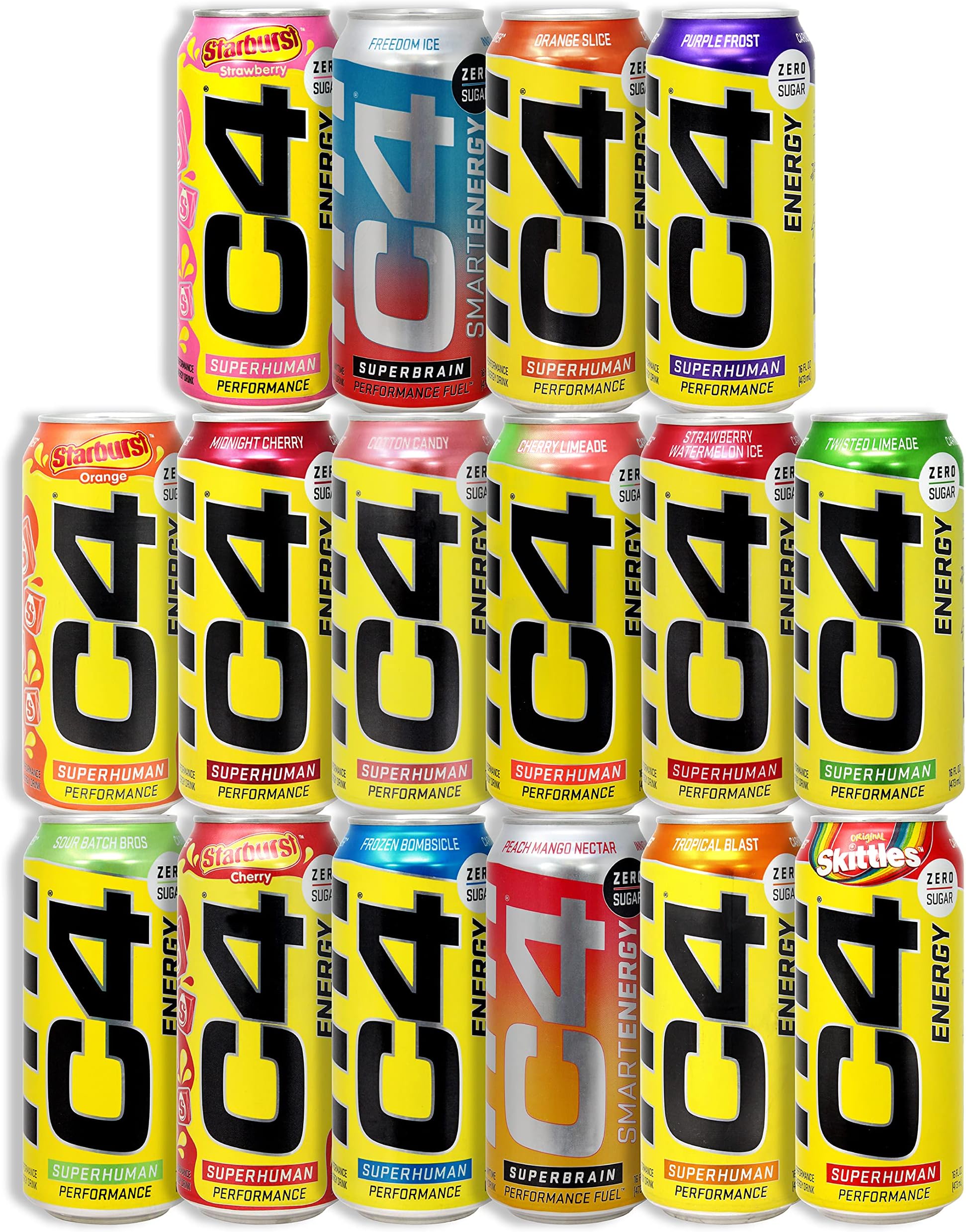C4 Energy Drink Superhuman Performance Zero Sugar Assortment | Energy Drink Sampler | Zero Sugar Energy Drinks | 15 Assorted Flavors | 200mg of caffeine | 0 Calories | 0 Sugars | 16 Oz Cans | Niro