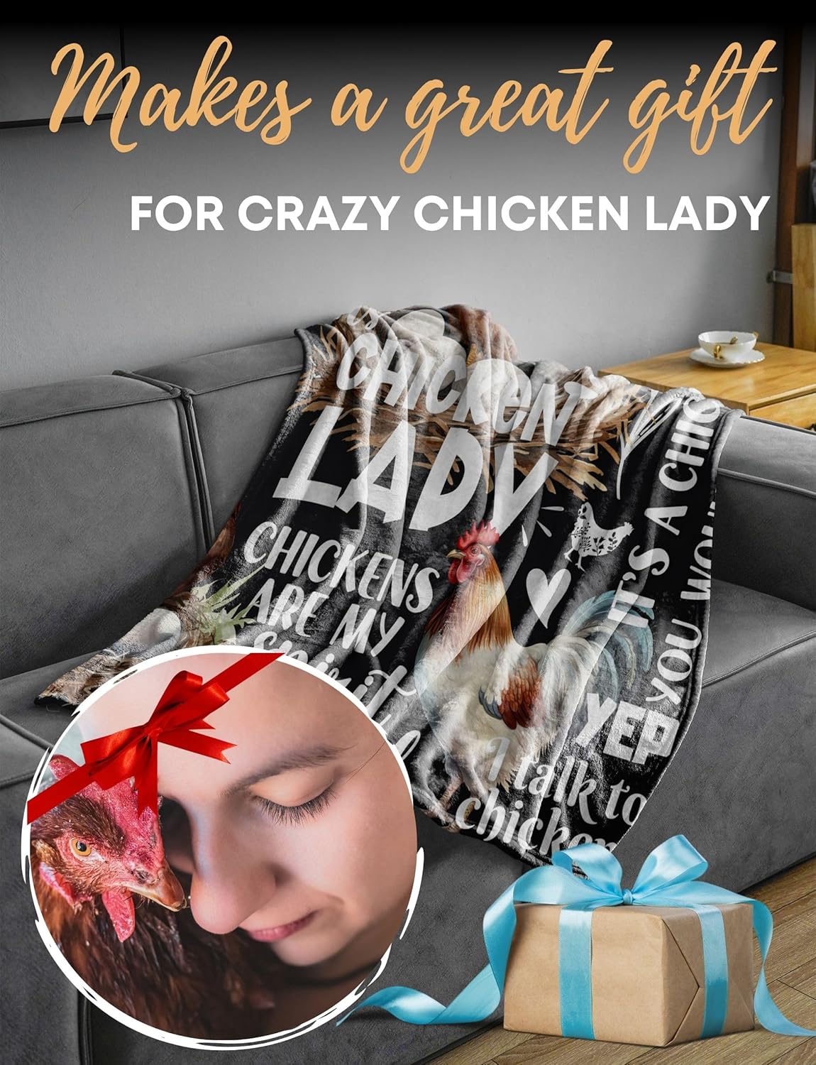 Chicken Gifts for Women, Crazy Chicken Lady Gift for Her for Birthday, Christmas, Mother's Day, 50"x 65", Black - Image 7