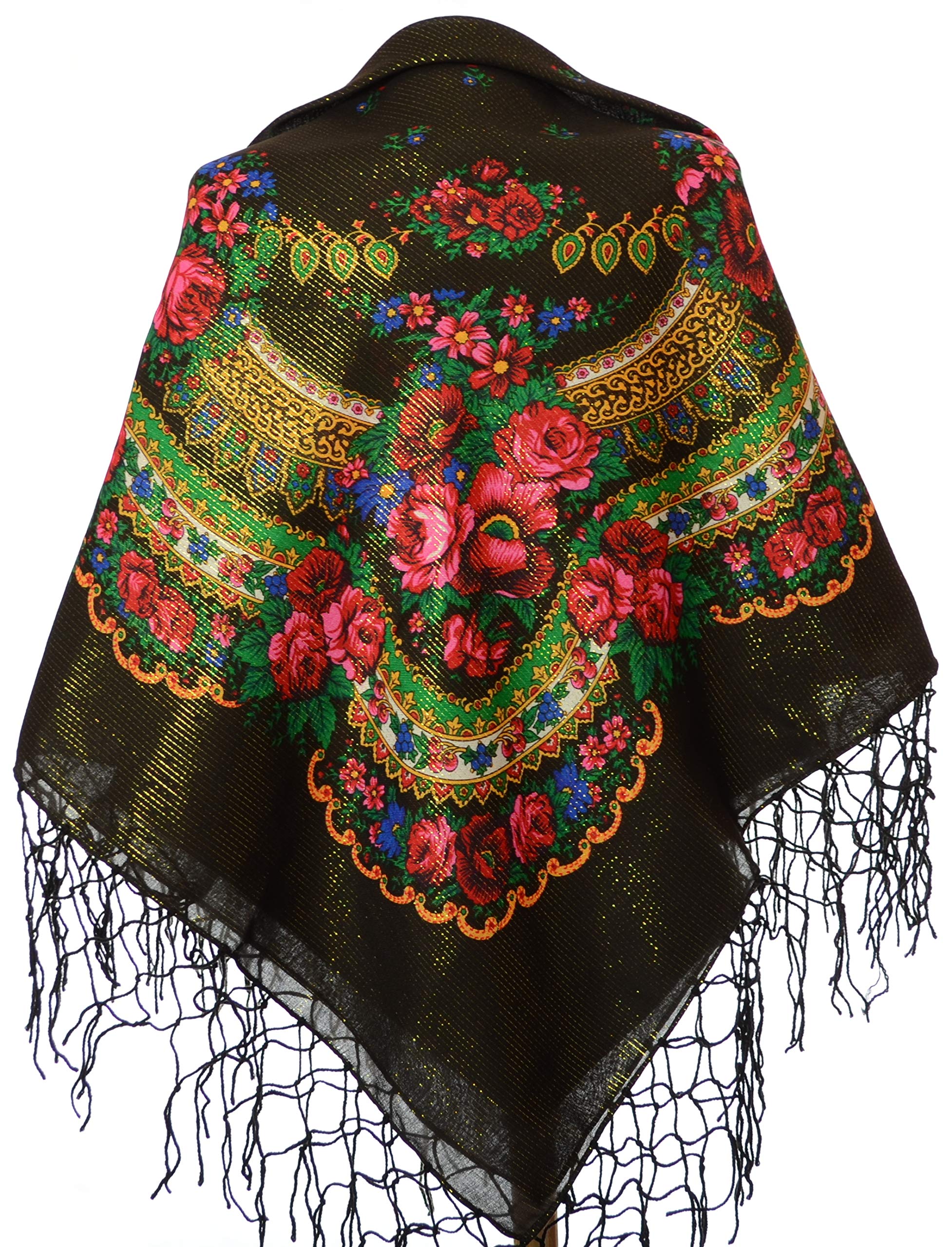 Scarf Wrap Traditional Ukrainian Polish Russian Fringed Floral Neck Head Shawl, Black, 59”x59”