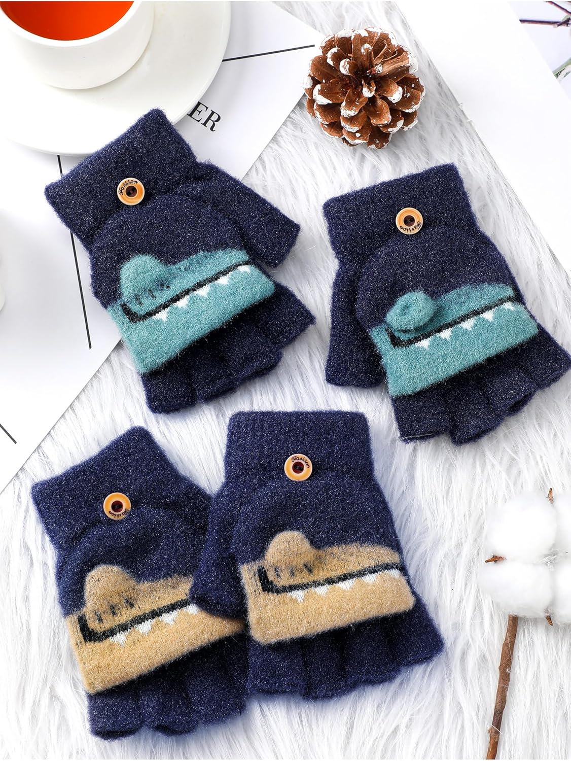 SATINIOR 2 Pairs Winter Fingerless Gloves for Kids Toddler Finger Mittens Knit Convertible Half Finger Mitten Flap Aged 3-8 - Image 6