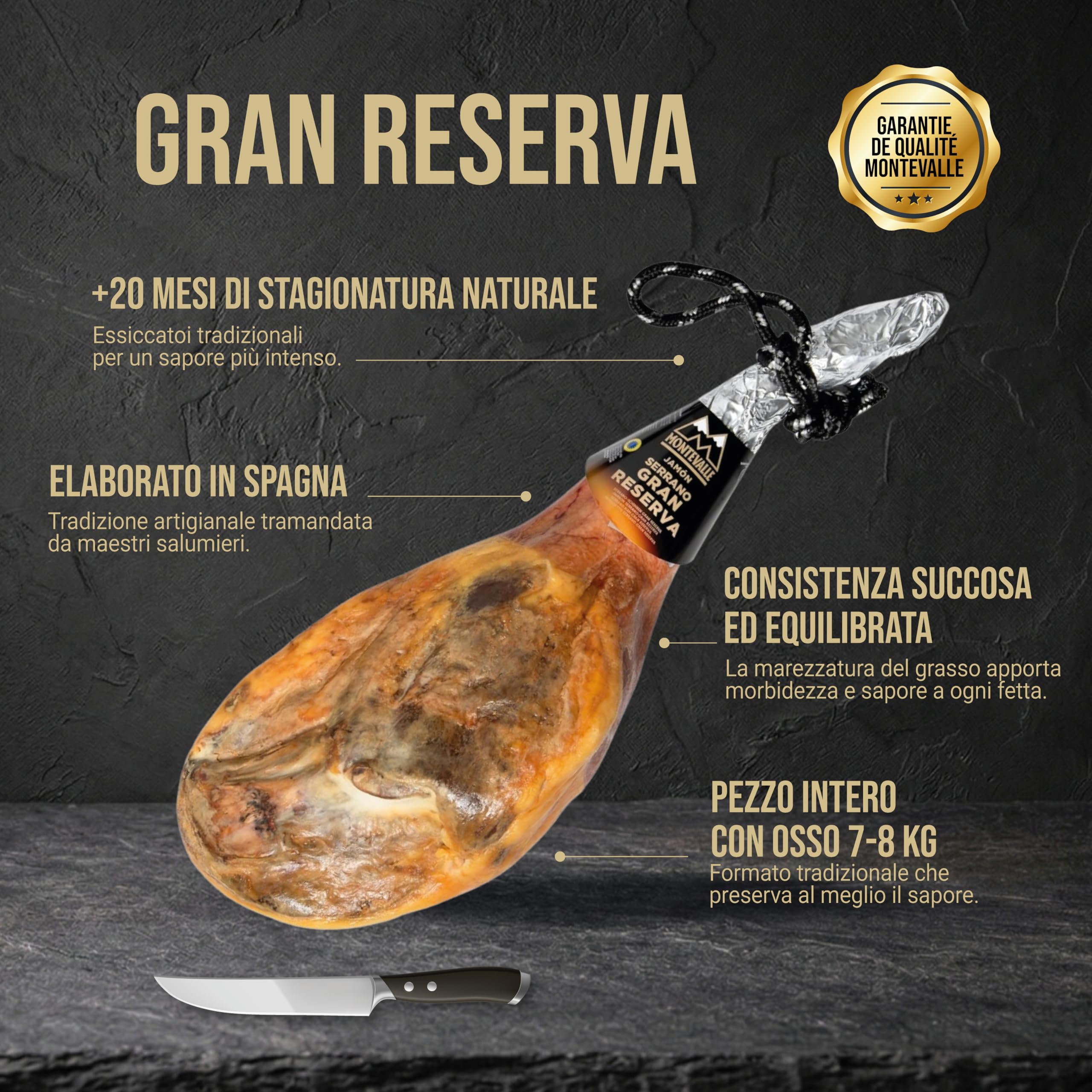 Montevalle Jamón Serrano Gran Reserva | Prosciutto Spagnolo Stagionato 20 Mesi | Pata Intera con Osso 7-8 kg | Eccellenza Gourmet per Taglio a Coltello Professionale in Cucina