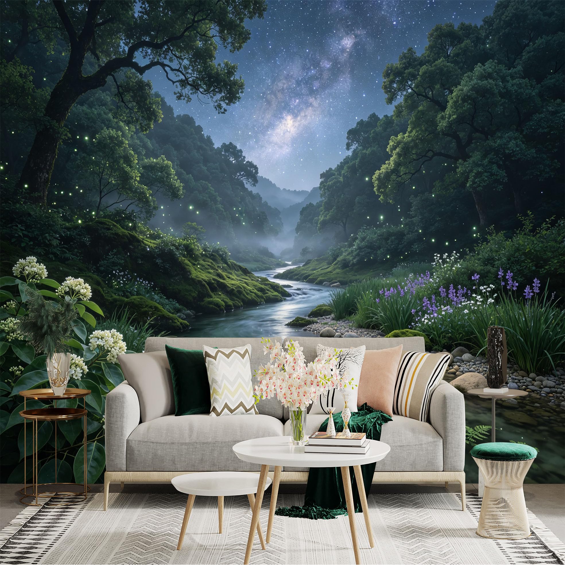 Lnzczhyre Bh260719490 Custom Size Wall Sticker Mural， Enchanting River Landscape， Glowing Night Forest， Sparkling Milky Way， Serene Nature Scenery， For Wall Decoration， Peelandstick Wall Decals.