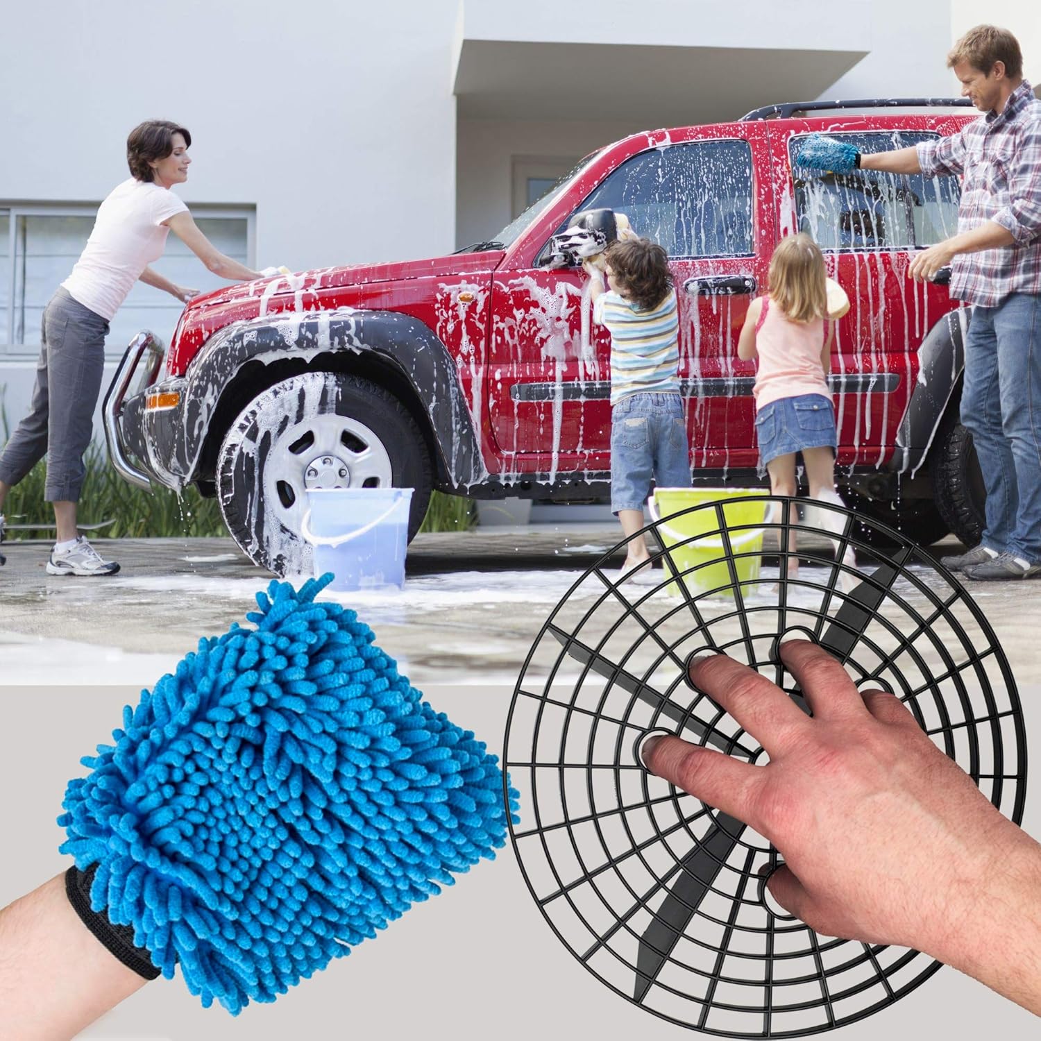 Jork Products Grit Insert Trap Wash Bucket Guard and Microfiber Chenille Wash Mitt Kit : Automotive