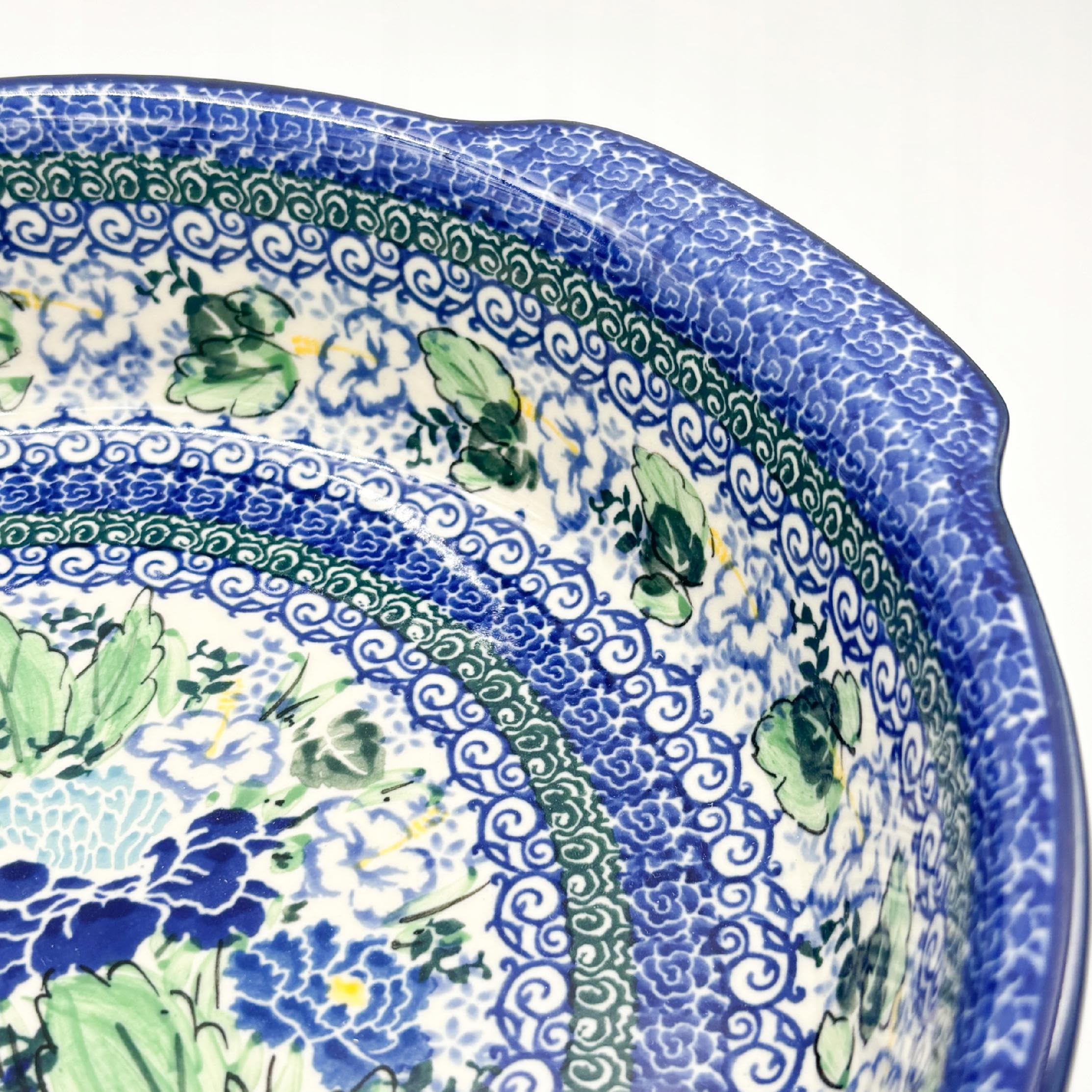 Bunzlauer Keramik Auflaufform, Handgefertigt, Blau-Grün Traditionelles Muster, 28 cm Durchmesser, 6,5 cm Höhe, Backform zum Servieren