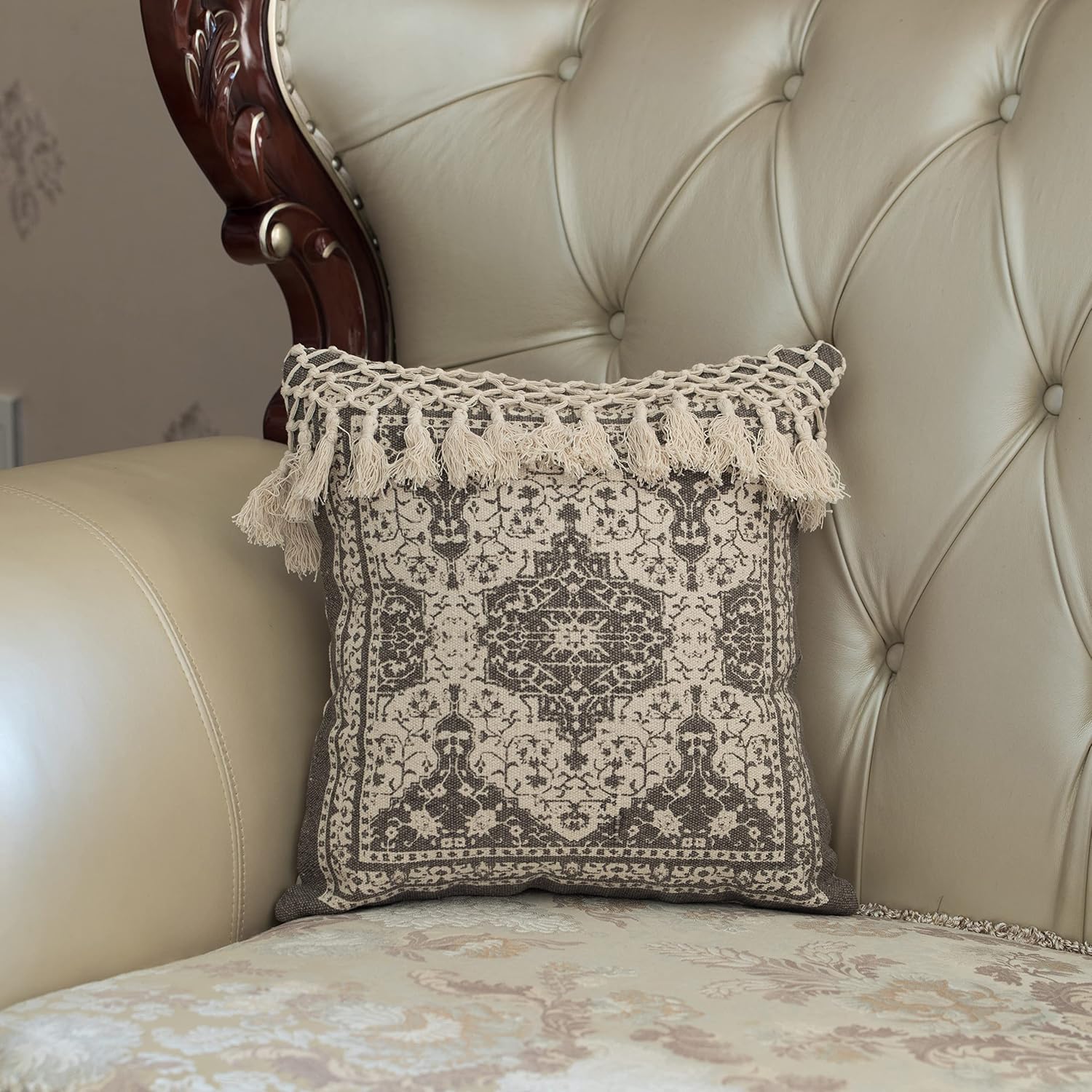 Deerlux 16" Handwoven Cotton Throw Pillow Cover with Traditional Pattern and Tasseled Top, Beige