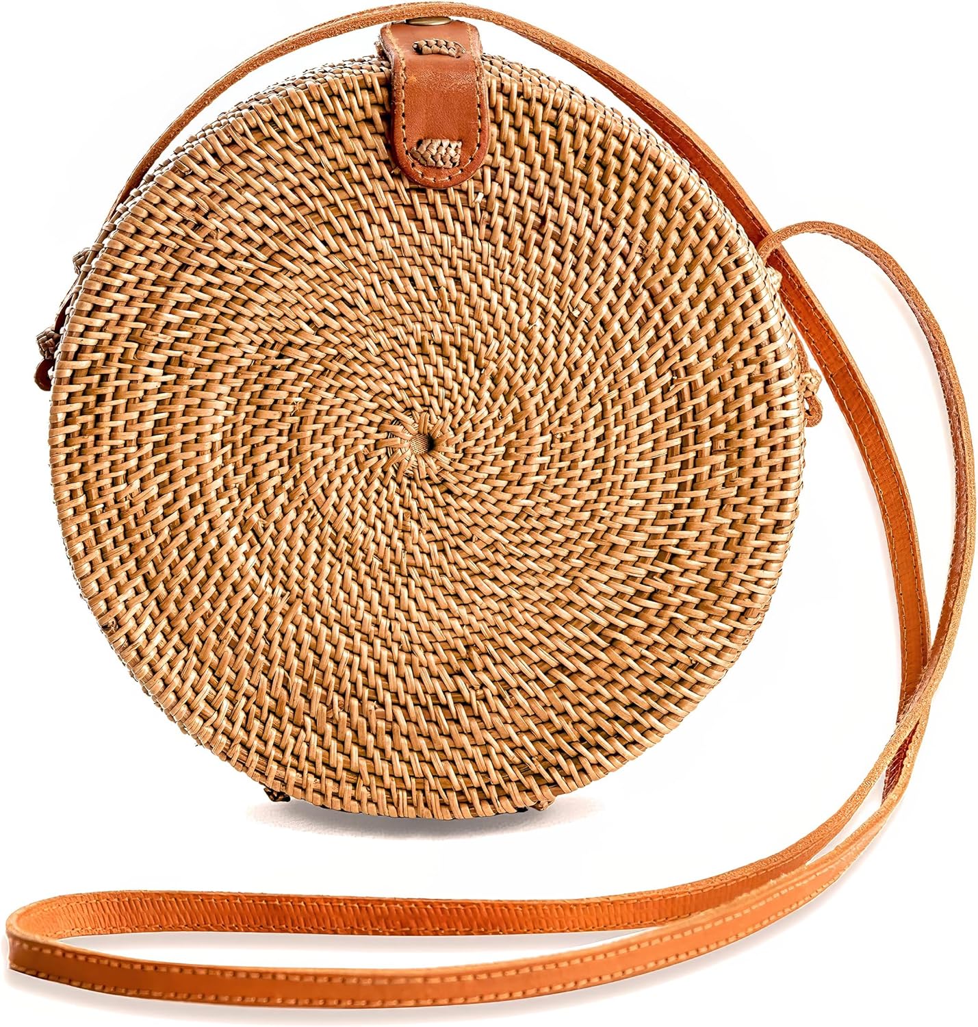 Handwoven Round Rattan Purse Crossbody – Straw Basket Wicker Bag for Women – Circle Summer Handbag