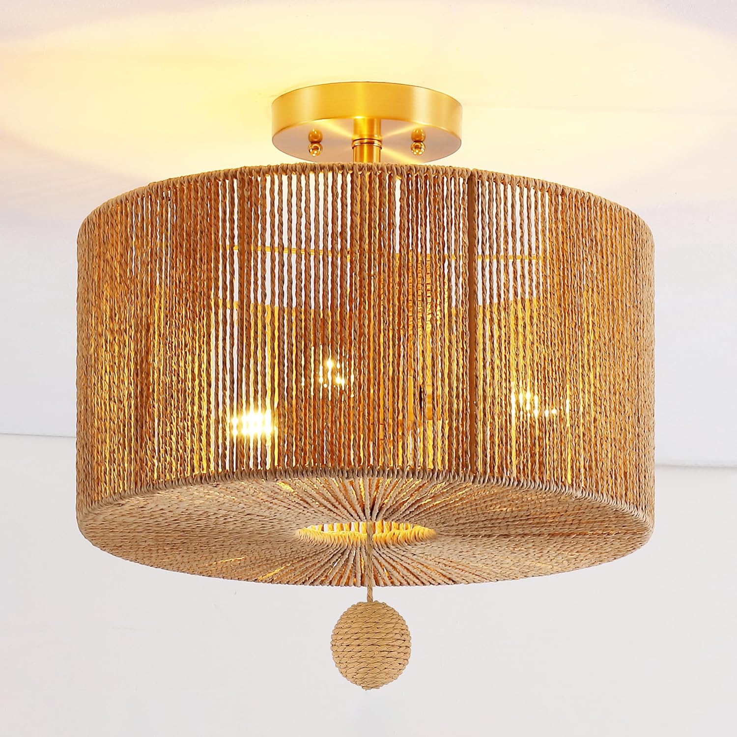 Solmaz Natural Paper Rope and Gold Drum LED Flush Mount Light