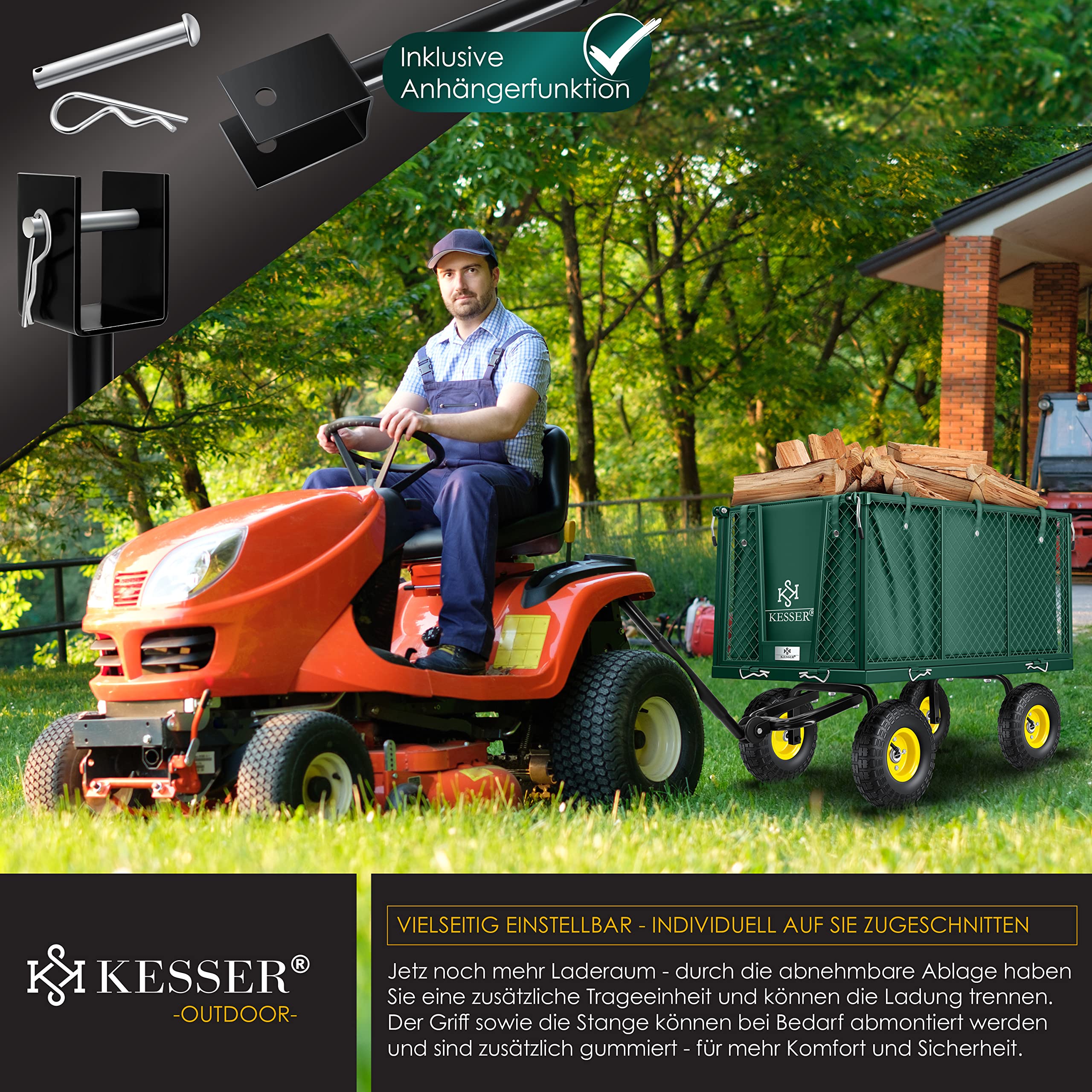KESSER® - Chariot de transport polyvalent avec bâche amovible, charge maximale : 550 kg, idéal pour travaux de jardinage ou comme remorque, avec gants, Vert
