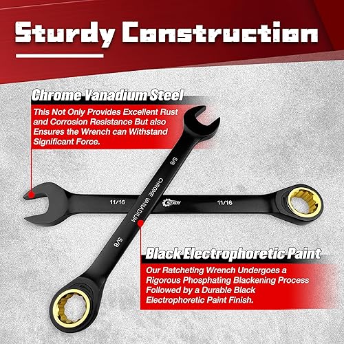 Miniatura 3 de STXDY Juego de 9 llaves combinadas antideslizantes de trinquete, SAE 14"-34", 72 dientes, acero Cr-V, 12 puntos con bolsa enrollable