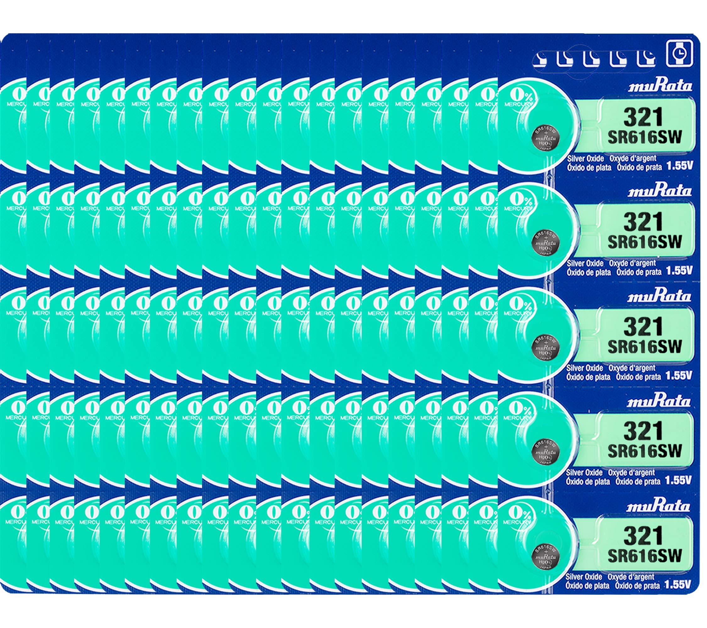 Murata 321 Battery SR616SW 1.55V Silver Oxide Watch Button Cell (100 Batteries)