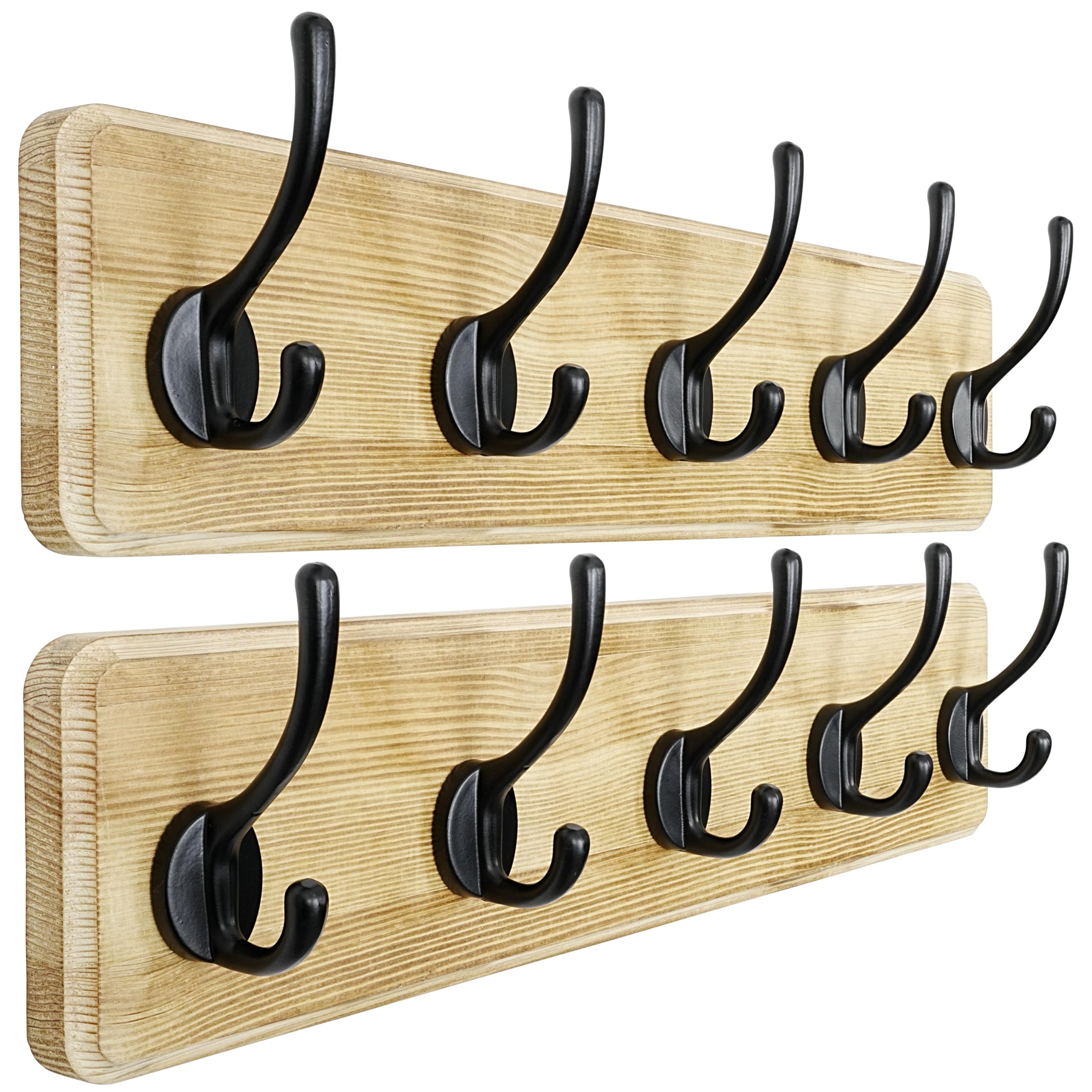 Dseap Coat Rack Wall: Patented, Heavy-Duty, 5-Double-Hooks Wooden Wall Mounted Coat Rack Coat Hanger Hook Rail for Winter Coats Hat Jacket Clothing, Light Brown, Pack of 2