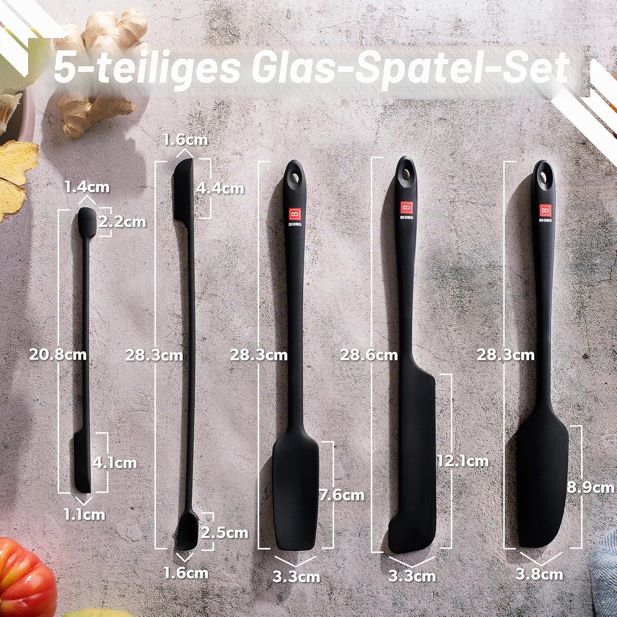 DI ORO Silikon-Glasspatel Zum Schaben - Gummispatel, Hitzebeständig - Küchenspatel, Antihaftbeschichtet, Kochgeschirrsicher - Utensilien-Set für Mixer & Backen (5pc, Schwarz)