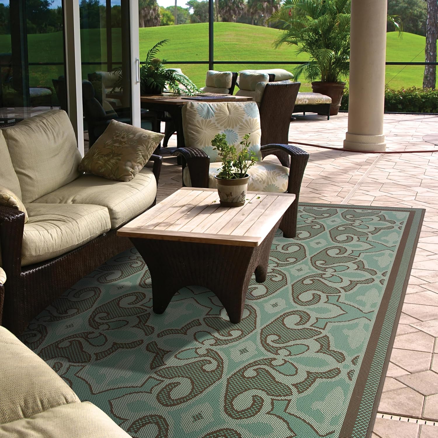 Oriental Weavers Montego Indoor/Outdoor Rug - 2335L - 1'9" x 3'9" - in Blue/Brown - Classic Casual Style, Water, Stain and Fade Resistant, Hose Clean, Patio, Outdoor Living Area Rug