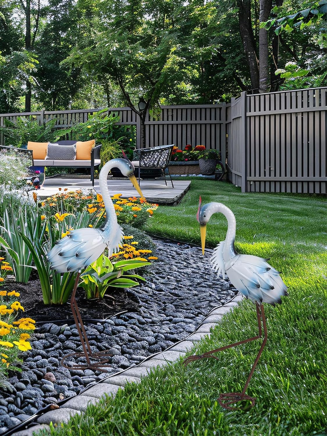 YEAHOME Garden Decor Outdoor Statues, 22"/20" Large Metal Heron Standing Yard Art, Blue Crane Lawn Sculptures Garden Decor for Outside Patio Porch Backyard, Set of 2