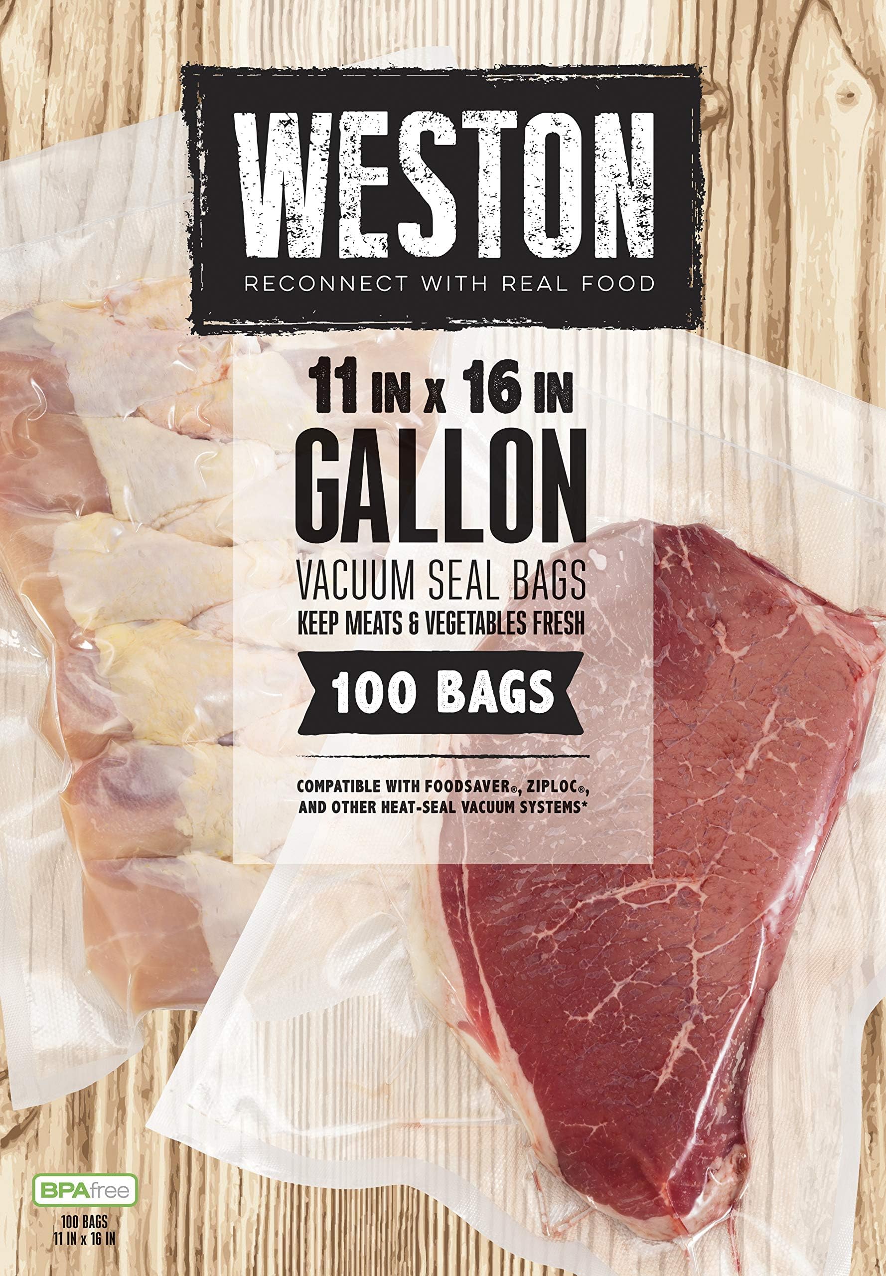 Weston Vacuum Sealer Bags, 2 Ply 3mm thick, for NutriFresh, FoodSaver &amp; Other Heat-Seal Systems, for Meal Prep and Sous Vide, BPA Free, 11" x 16" (Gallon), 100 count, Clear (Pack of 6)