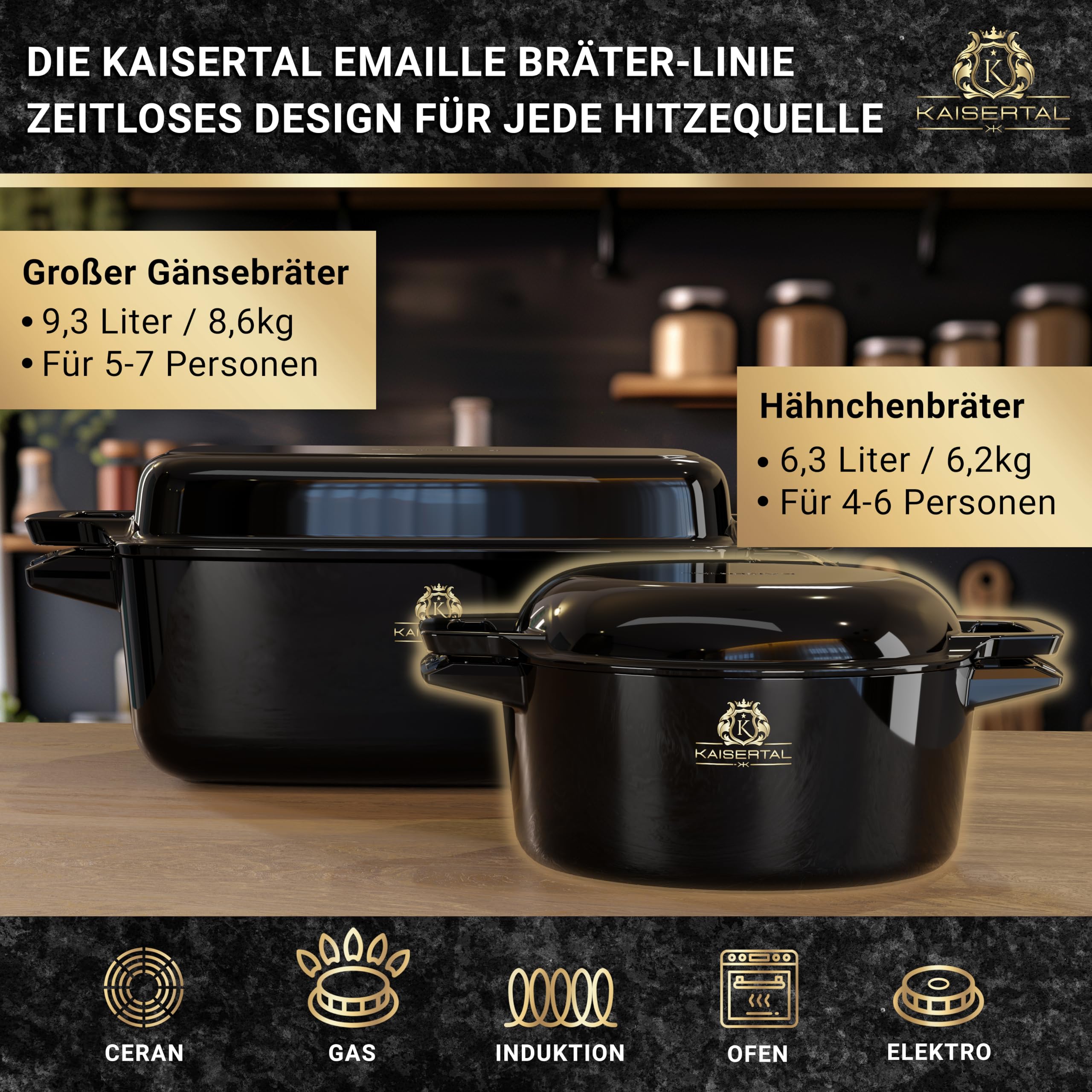 KAISERTAL Emaillierter Gusseisen Topf – 2in1 Bräter mit Deckel 4,8L & Gusspfanne 1,8L – Schmortopf mit Deckel & Gusseisen Bräter – Brotbacktopf Bratentopf Outdoor Induktion Bräterset inkl. Rezeptbuch