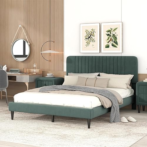 Harper  Bright Designs Marco de cama tapizado de terciopelo de tamaño matrimonial base de colchón con listones de madera y cabecera tapizada
