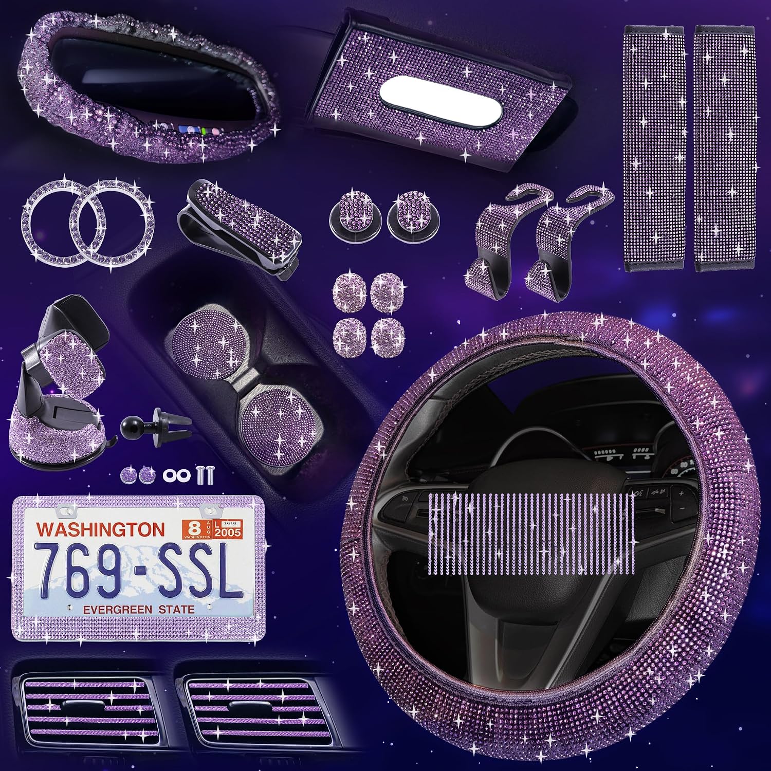 Bling Car Accessories Set, Rhinestone Car Accessories Set for Women, Bling Steering Wheel Cover Universal Fit 15 Inch, Glitter Seat Belt, Sparkly Armrest Cover (Purple, 31pcs)