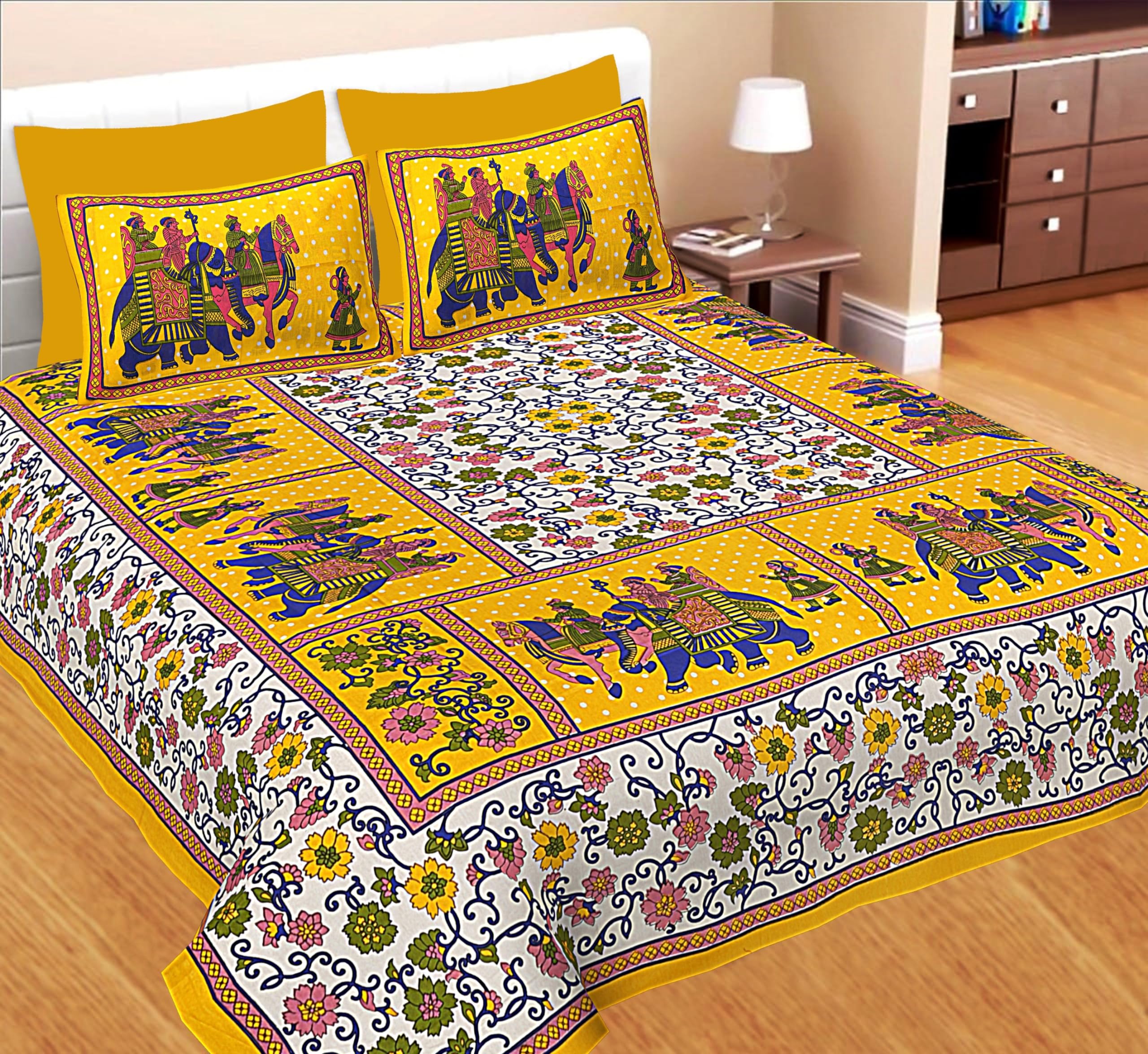 JAIPUR PRINTS 100% Cotton Traditional Jaipuri Printed Bedsheet For Double Bed King Size With 2 Pillow Covers-Yellow001,144 TC (B0CW9WL3KK) Amazon Price History, Amazon Price Tracker